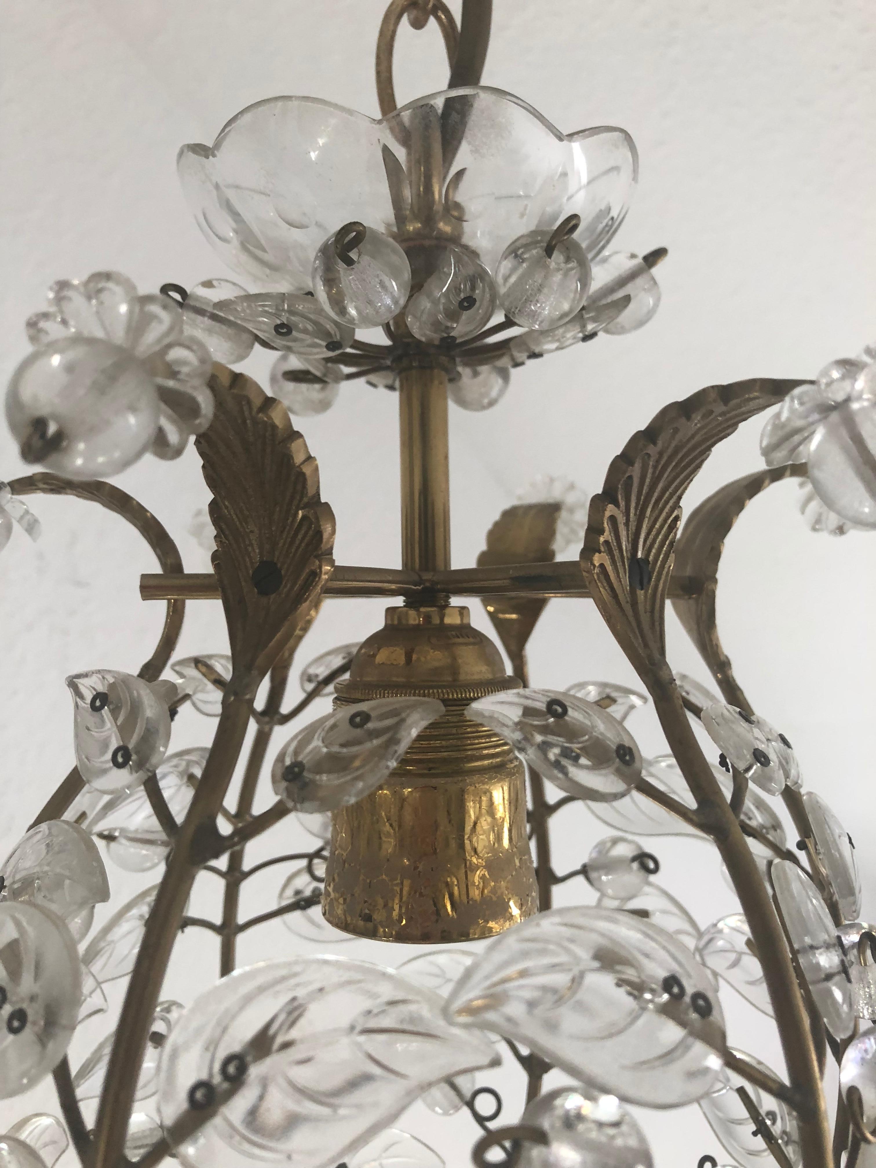 Mid-Century Modern Glass Leaves and Brass Lantern Attributed to Maison Baguès, France, 1950s For Sale