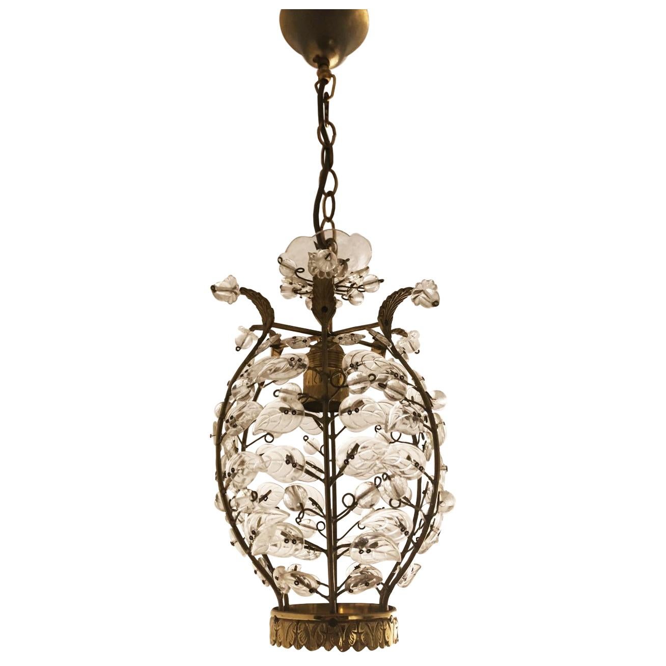 Glass Leaves and Brass Lantern Attributed to Maison Baguès, France, 1950s For Sale 1