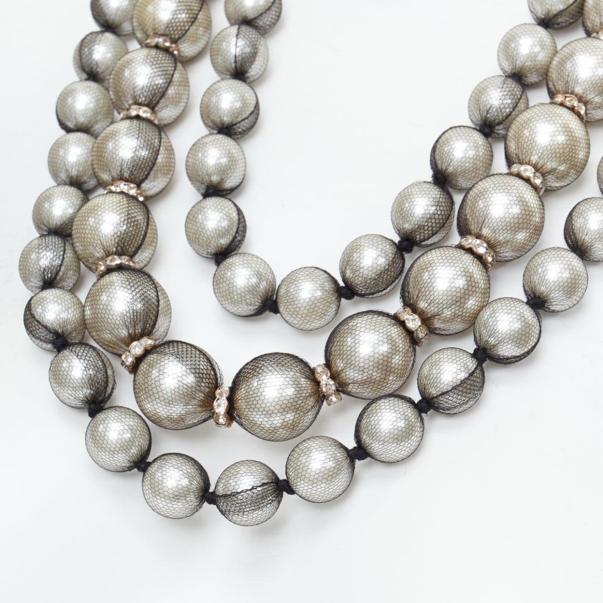 rare LANVIN black strand wrapped faux pearl crystal ribbon tie necklace In Excellent Condition For Sale In Hong Kong, NT