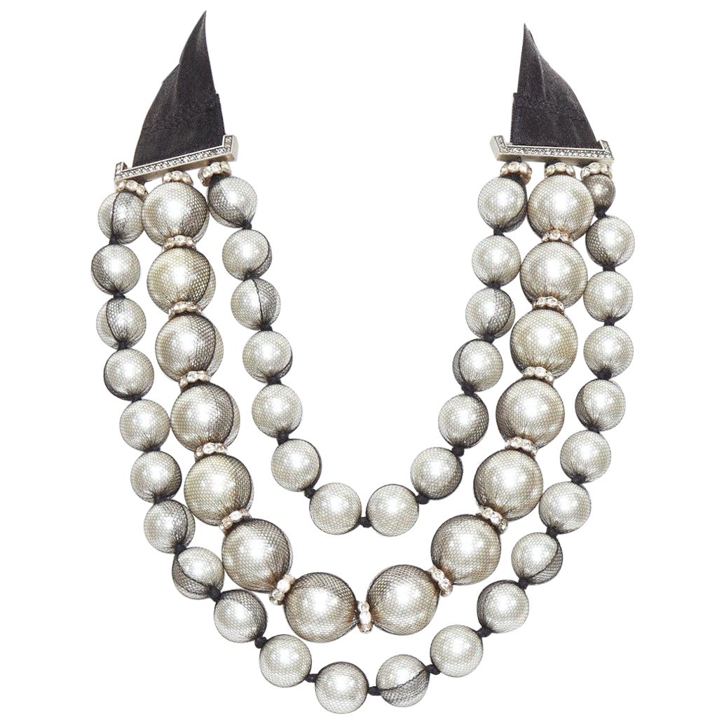 rare LANVIN black strand wrapped faux pearl crystal ribbon tie necklace