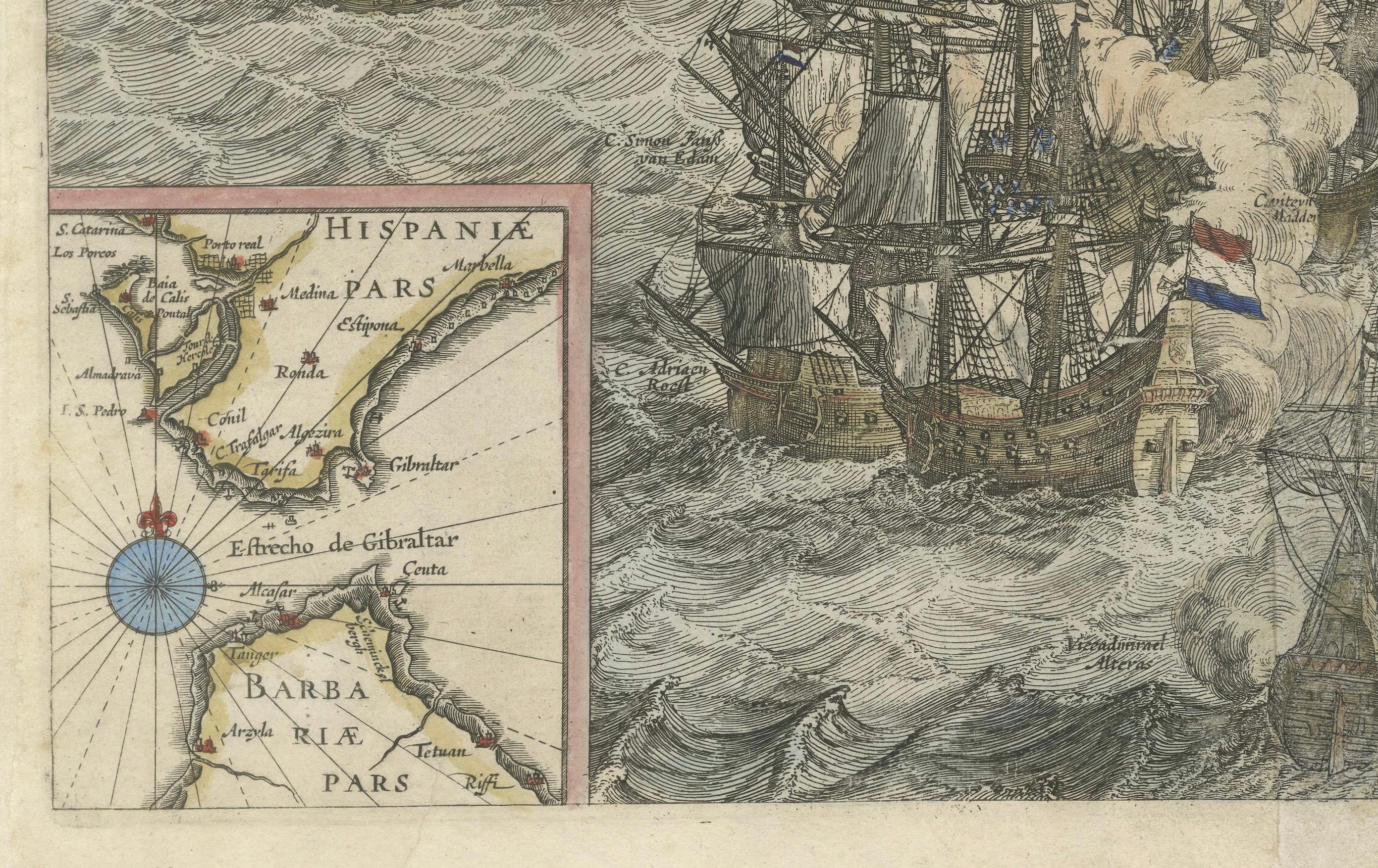 Titel: Seltener großer Kupferstich von 1650 mit der Darstellung der Seeschlacht von Gibraltar, 1607

Beschreibung:  Dieser seltene und außergewöhnlich große Kupferstich (32 x 85 cm) zeigt die dramatische Seeschlacht von Gibraltar, die am 25. April