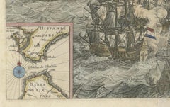 Rare Large 1650 Copper Engraving Depicting the Naval Battle of Gibraltar, 1607