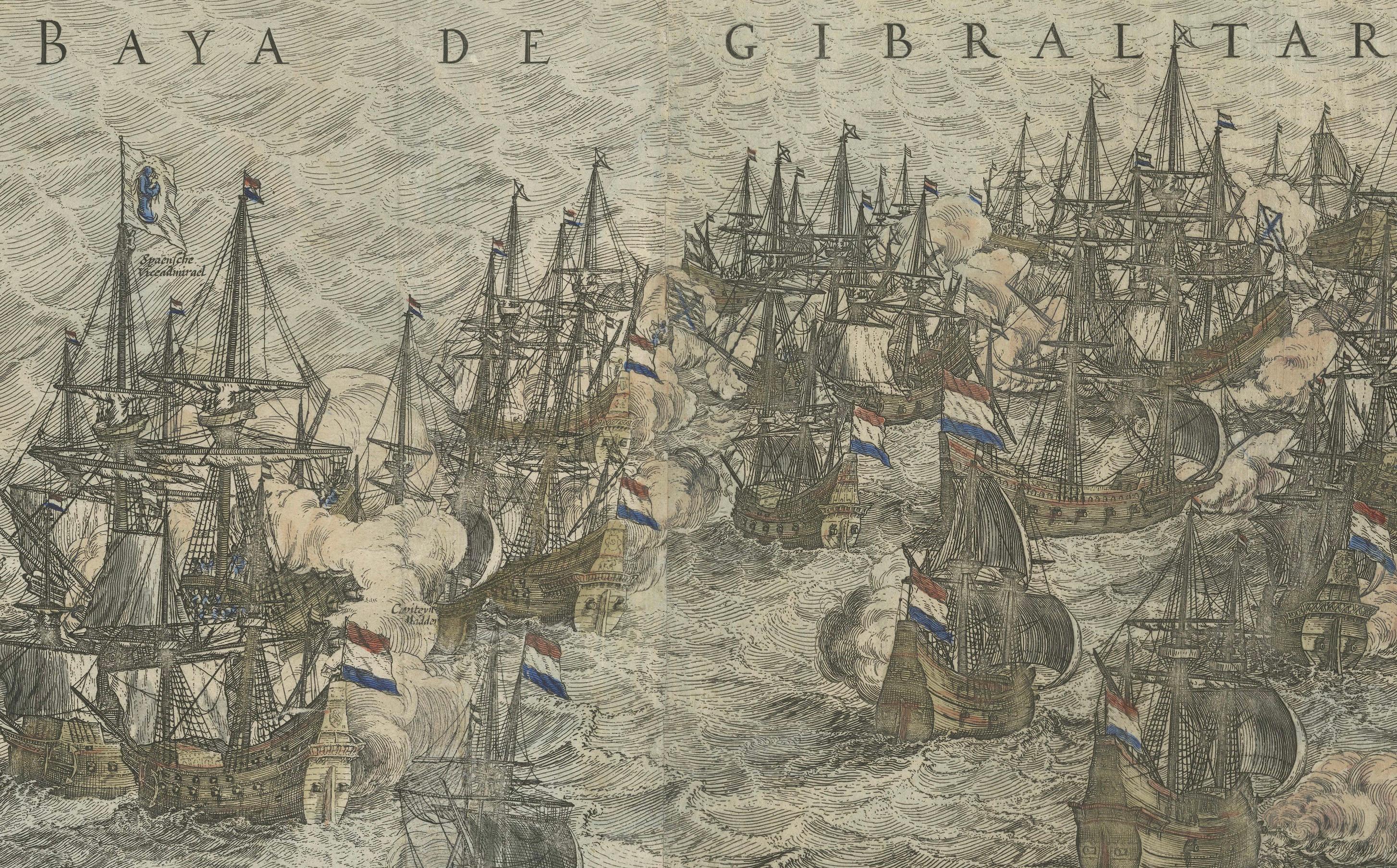 Seltener großer Kupferstich aus dem Jahr 1650, der die Marineschlacht von Gibraltar darstellt, 1607 (Graviert) im Angebot