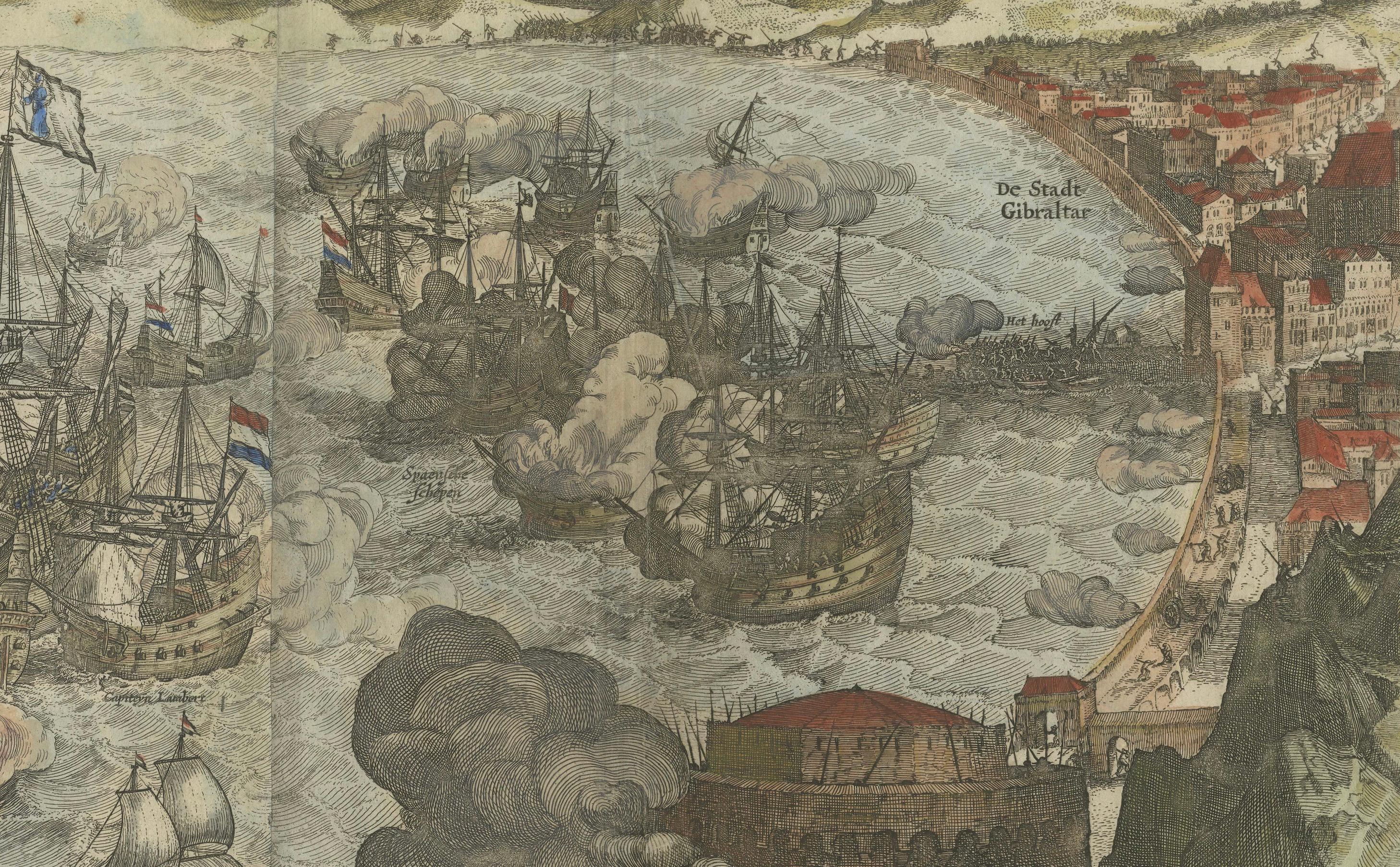 Seltener großer Kupferstich aus dem Jahr 1650, der die Marineschlacht von Gibraltar darstellt, 1607 im Zustand „Gut“ im Angebot in Langweer, NL