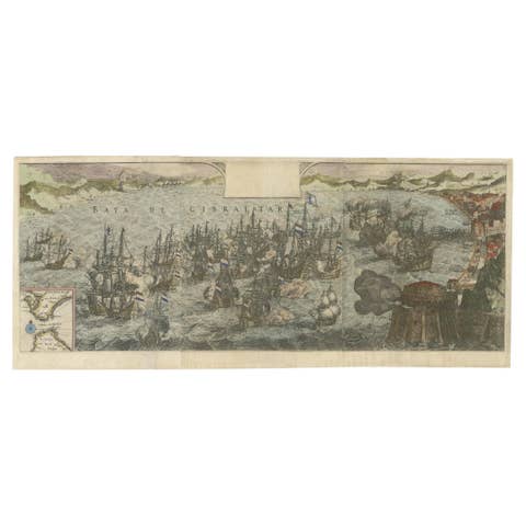 Rare Large 1650 Copper Engraving Depicting the Naval Battle of Gibraltar, 1607