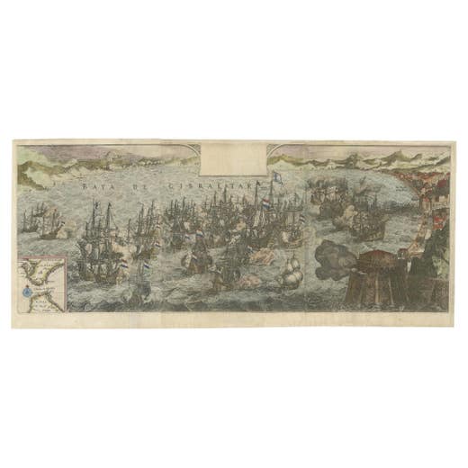 Rare Large 1650 Copper Engraving Depicting the Naval Battle of Gibraltar, 1607