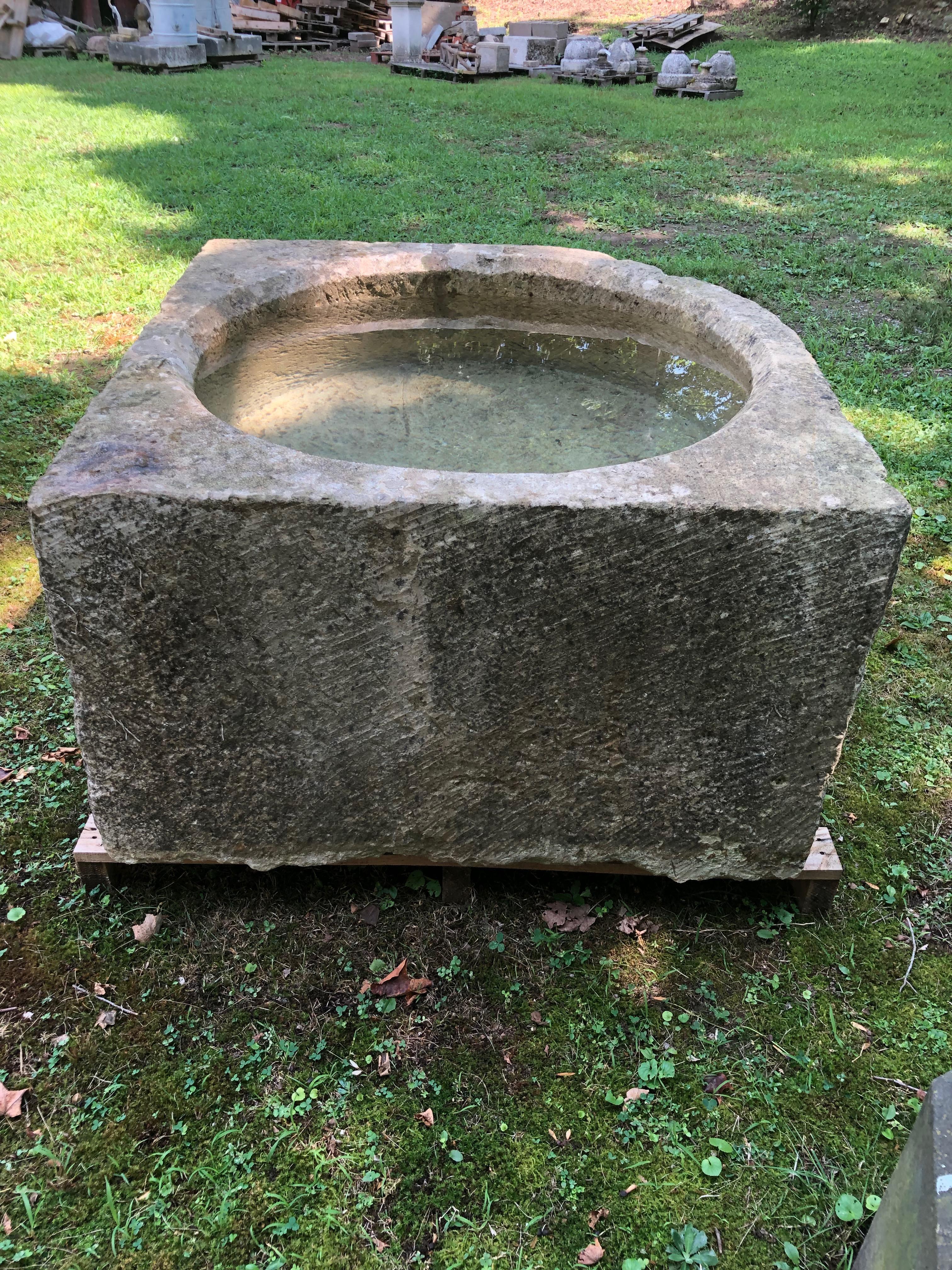 Rare Large 17th Century French Hand Carved Limestone Bow-Front Corner Trough 1