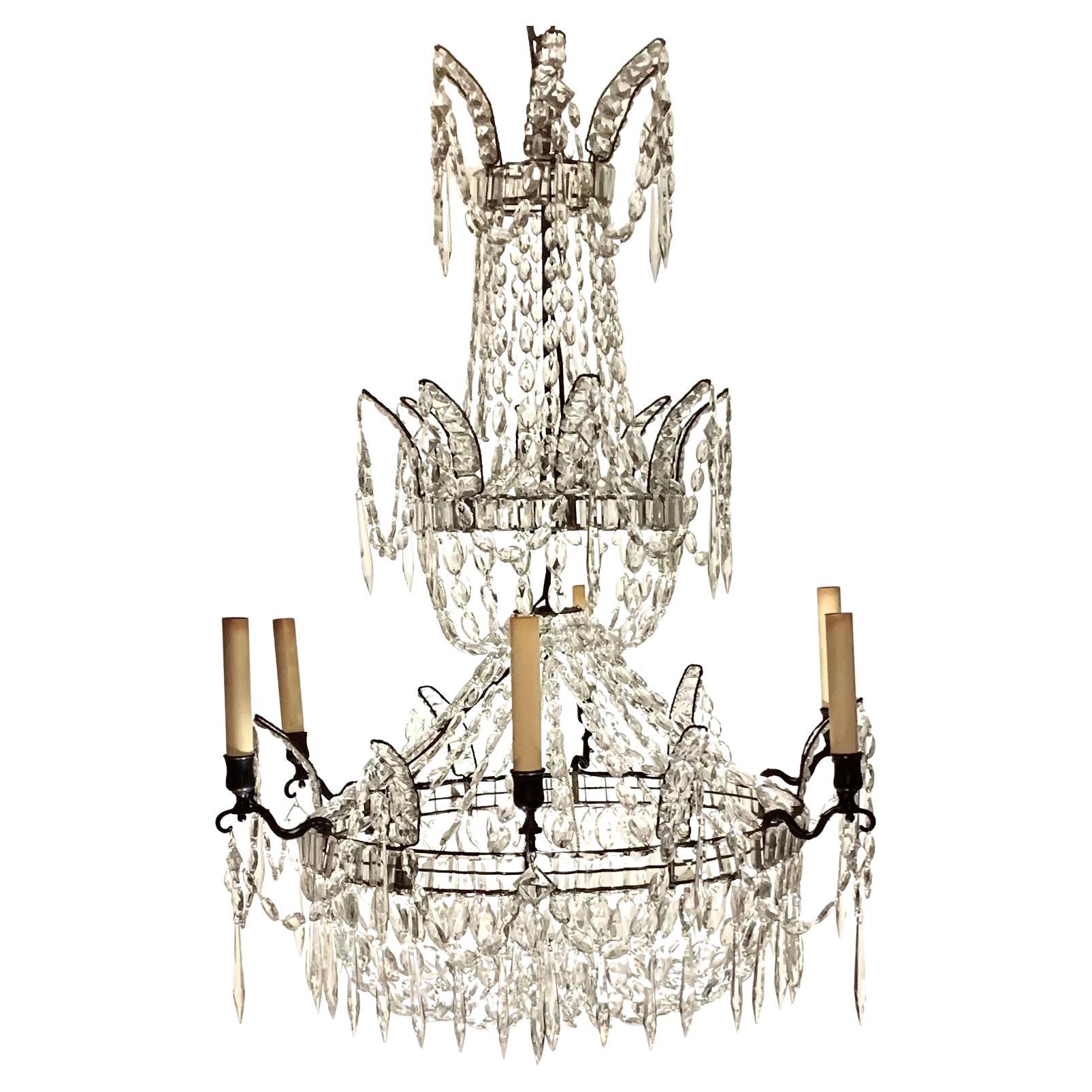 Grand lustre néoclassique suédois en cristal transformable du 18ème siècle, rare 