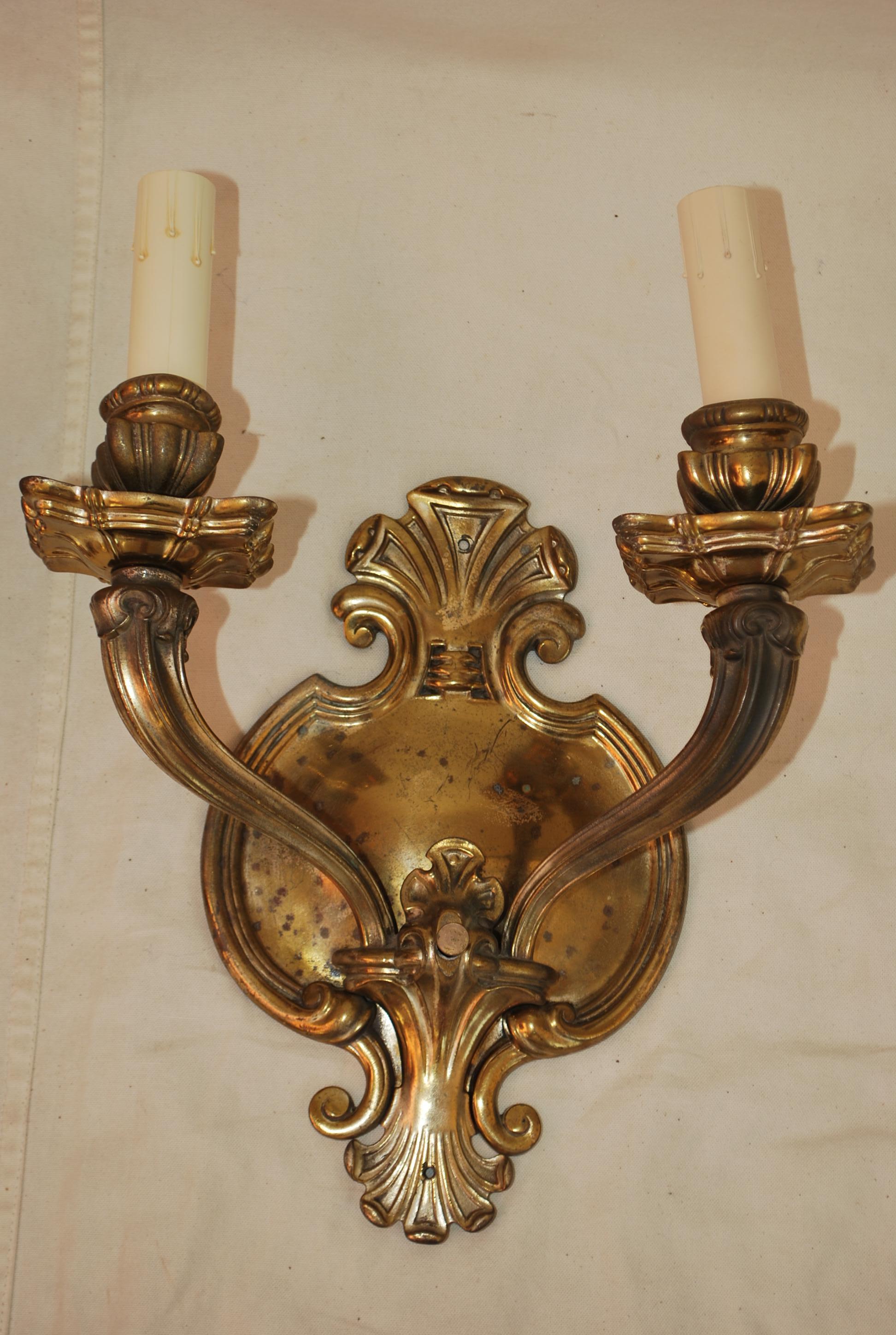 Rare large 1920's solid brass sconces In Good Condition For Sale In Los Angeles, CA