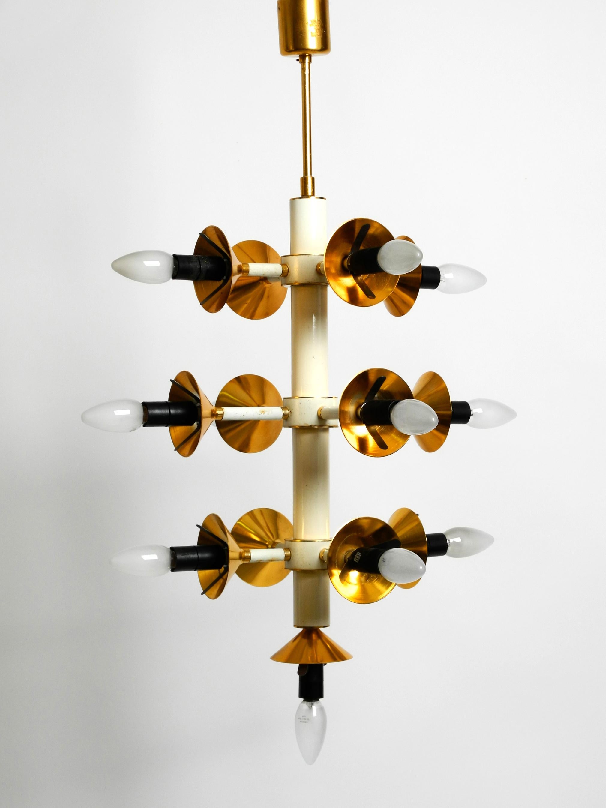 Rare Large 1960's Space Age Brass Ceiling Lamp with 13 White Glass Spheres For Sale 4