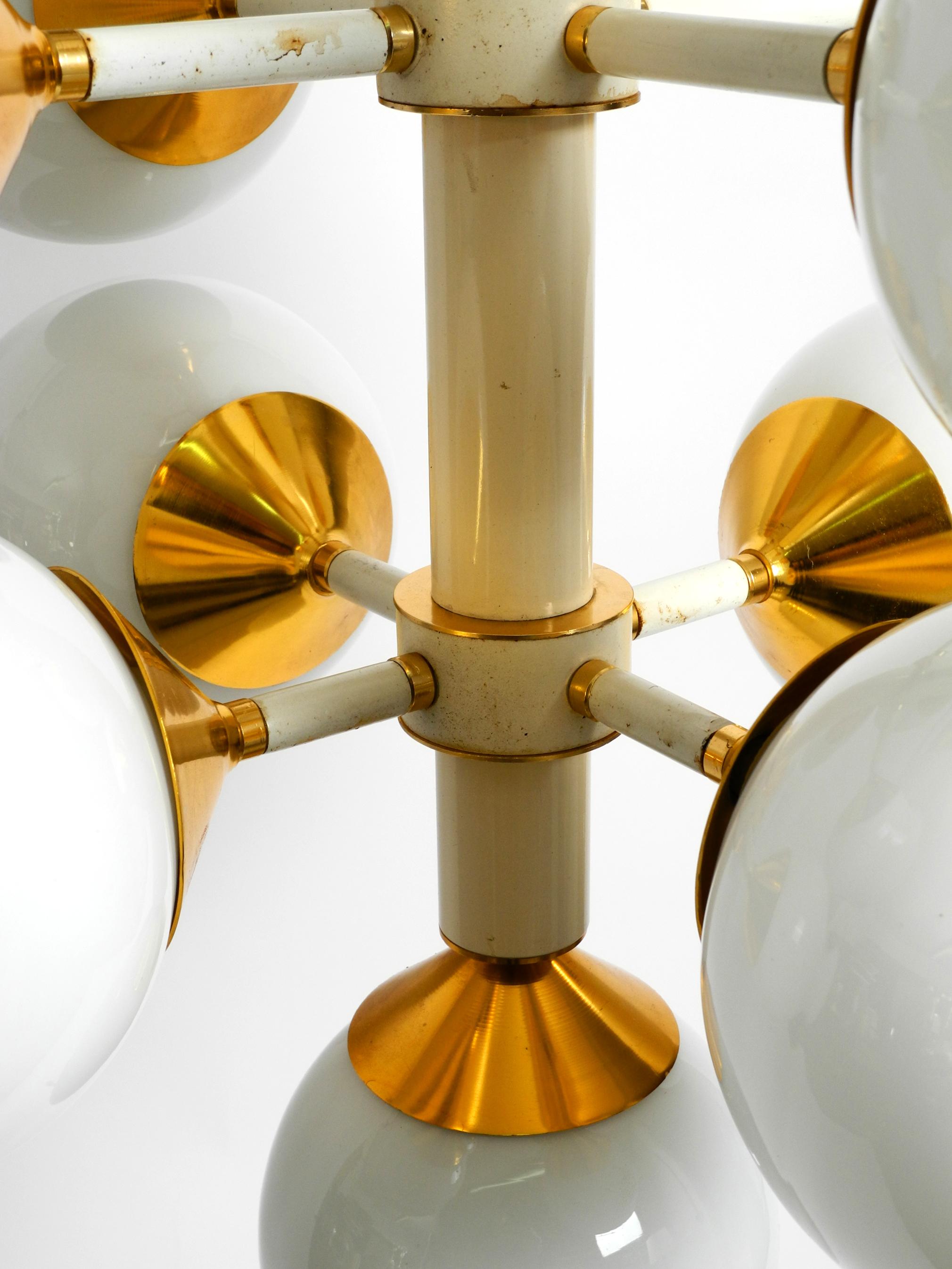 Rare Large 1960's Space Age Brass Ceiling Lamp with 13 White Glass Spheres For Sale 6
