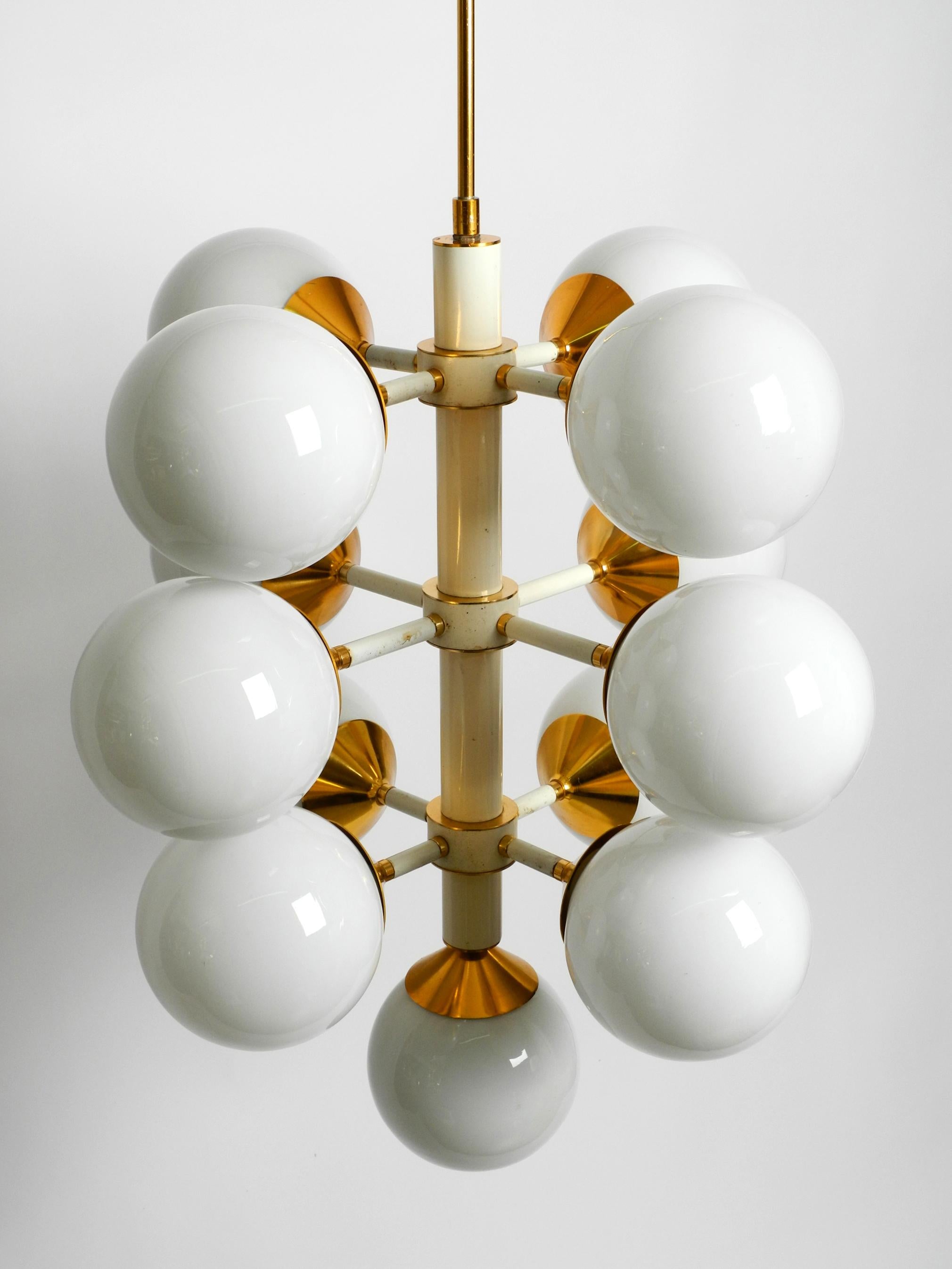 Rare Large 1960's Space Age Brass Ceiling Lamp with 13 White Glass Spheres For Sale 7