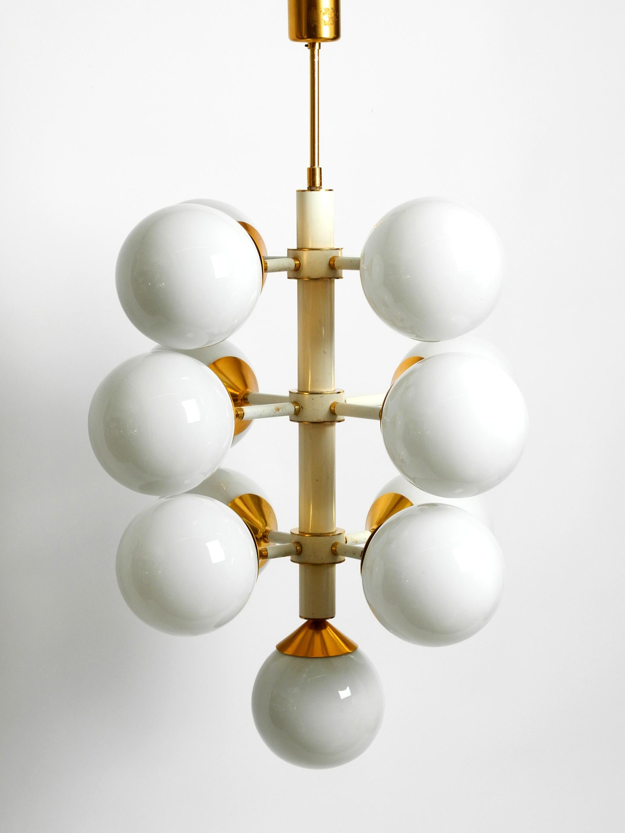 Rare Large 1960's Space Age Brass Ceiling Lamp with 13 White Glass Spheres For Sale 8