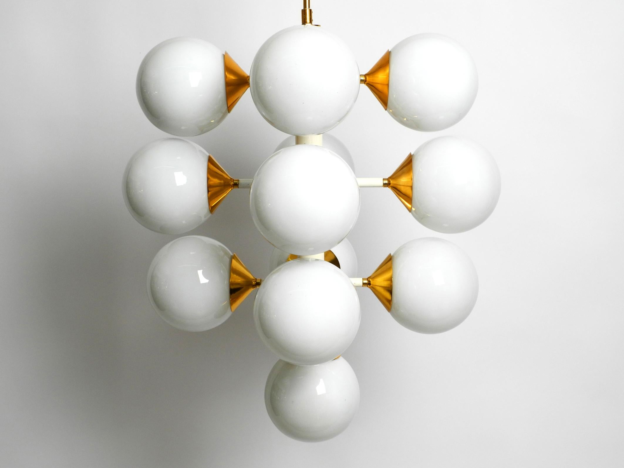 Rare Large 1960's Space Age Brass Ceiling Lamp with 13 White Glass Spheres For Sale 9