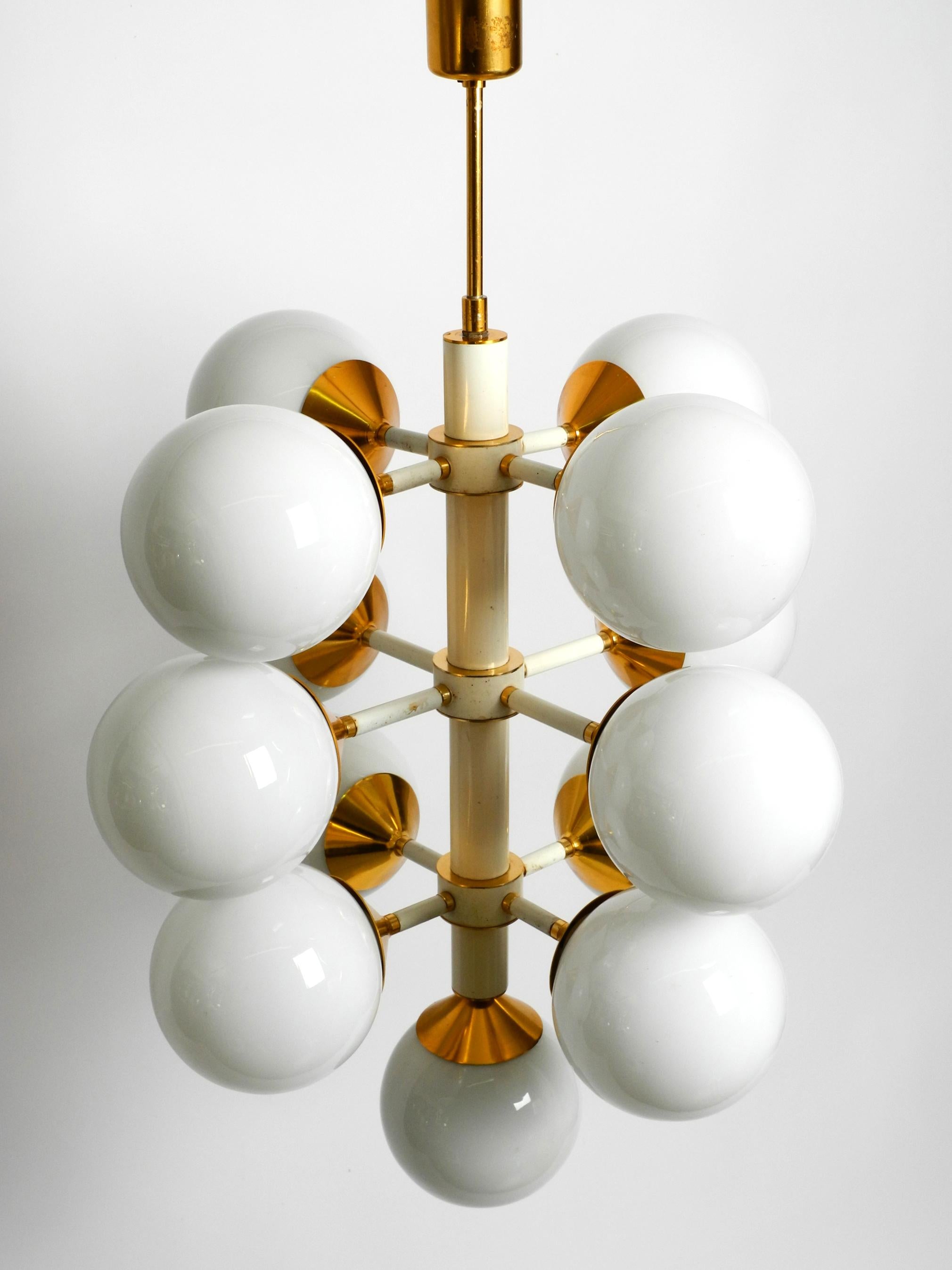 Rare Large 1960's Space Age Brass Ceiling Lamp with 13 White Glass Spheres For Sale 10