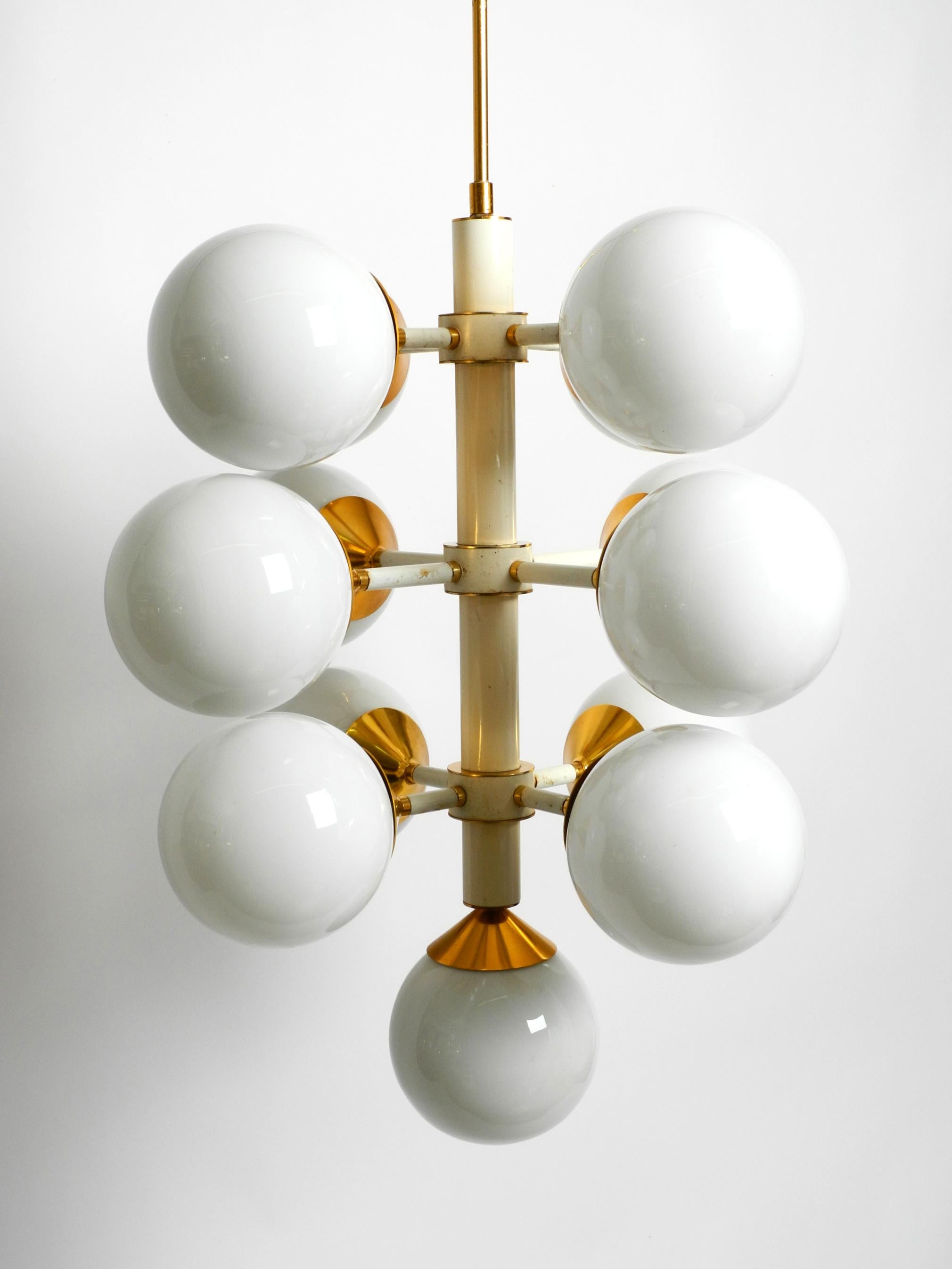 Rare Large 1960's Space Age Brass Ceiling Lamp with 13 White Glass Spheres For Sale 11
