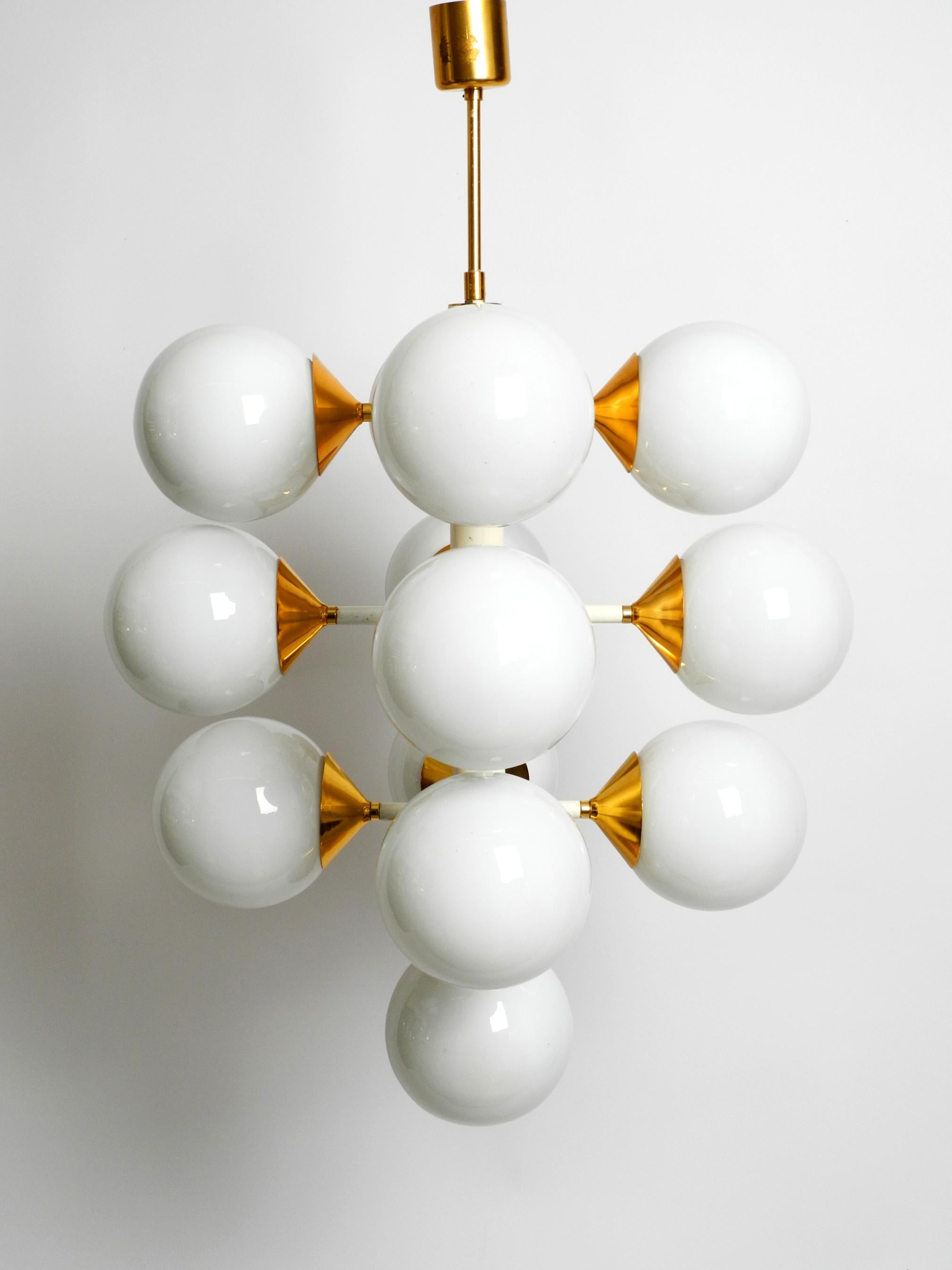 Rare Large 1960's Space Age Brass Ceiling Lamp with 13 White Glass Spheres For Sale 12