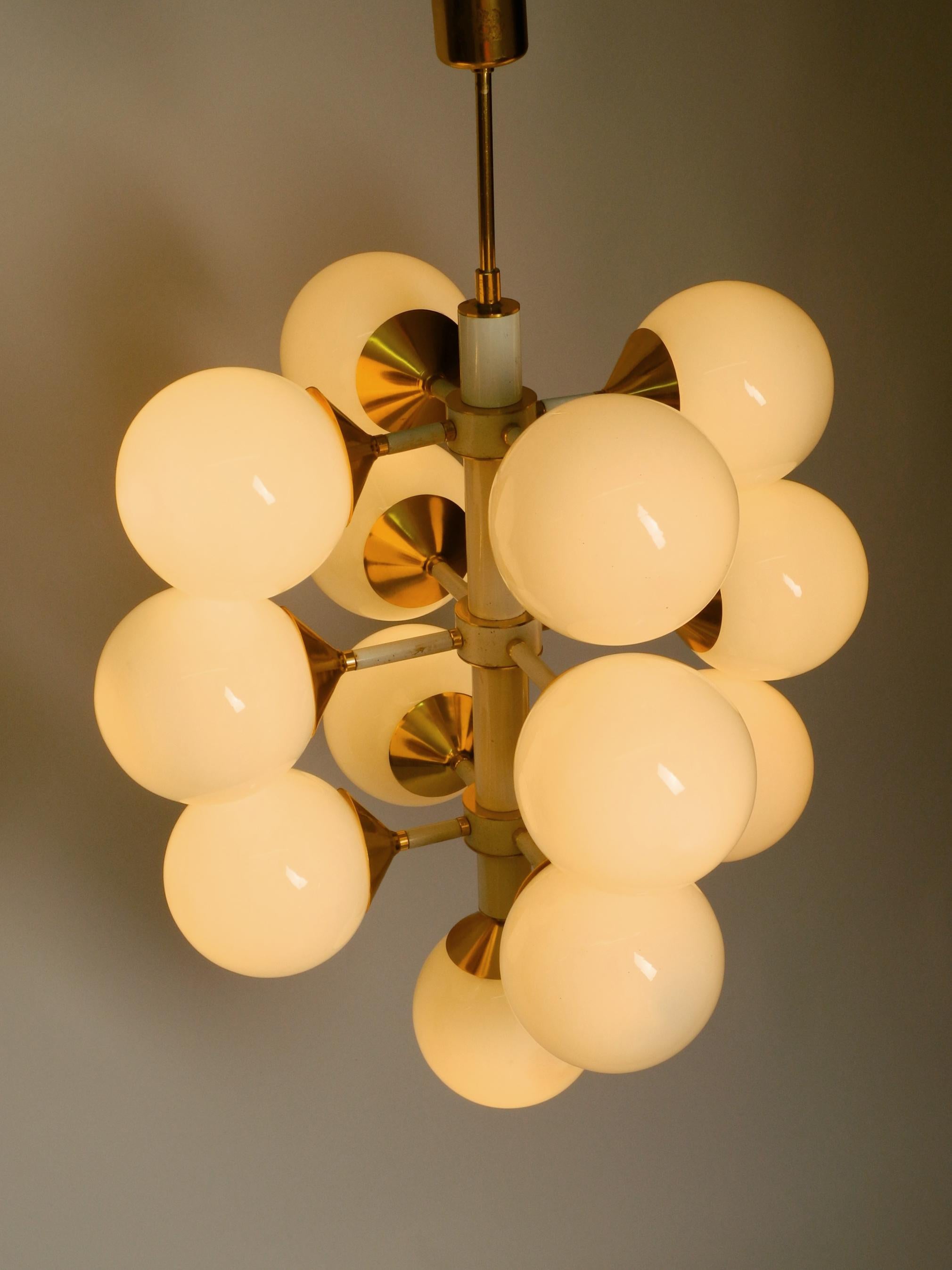 Rare Large 1960's Space Age Brass Ceiling Lamp with 13 White Glass Spheres For Sale 14