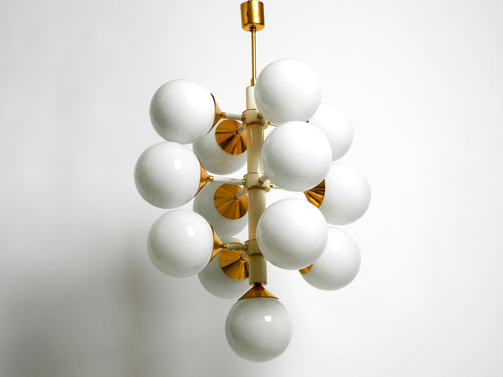 European Rare Large 1960's Space Age Brass Ceiling Lamp with 13 White Glass Spheres For Sale