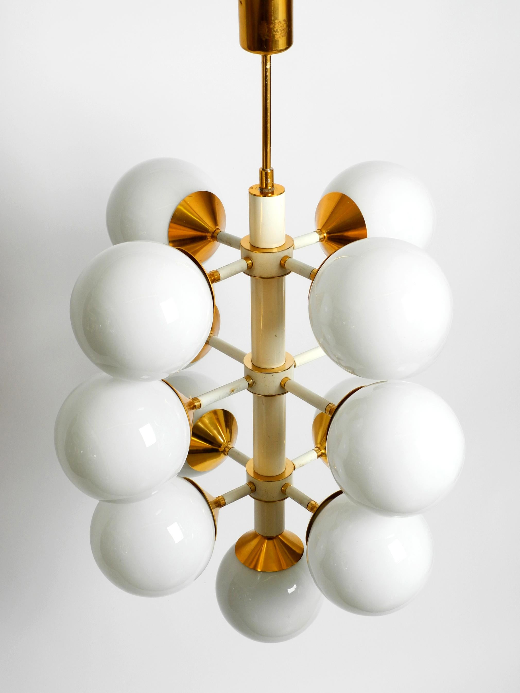 Mid-20th Century Rare Large 1960's Space Age Brass Ceiling Lamp with 13 White Glass Spheres For Sale