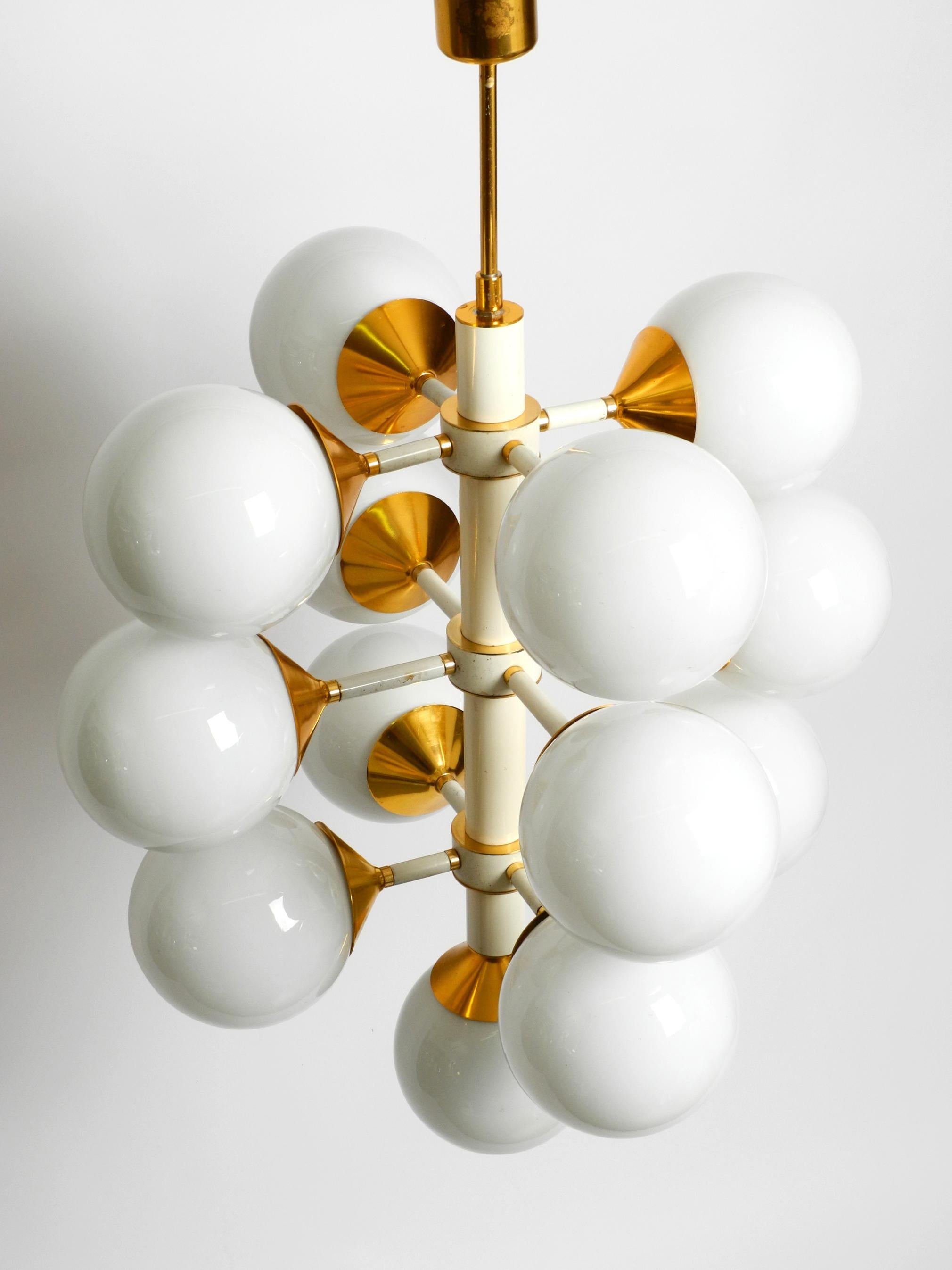 Metal Rare Large 1960's Space Age Brass Ceiling Lamp with 13 White Glass Spheres For Sale