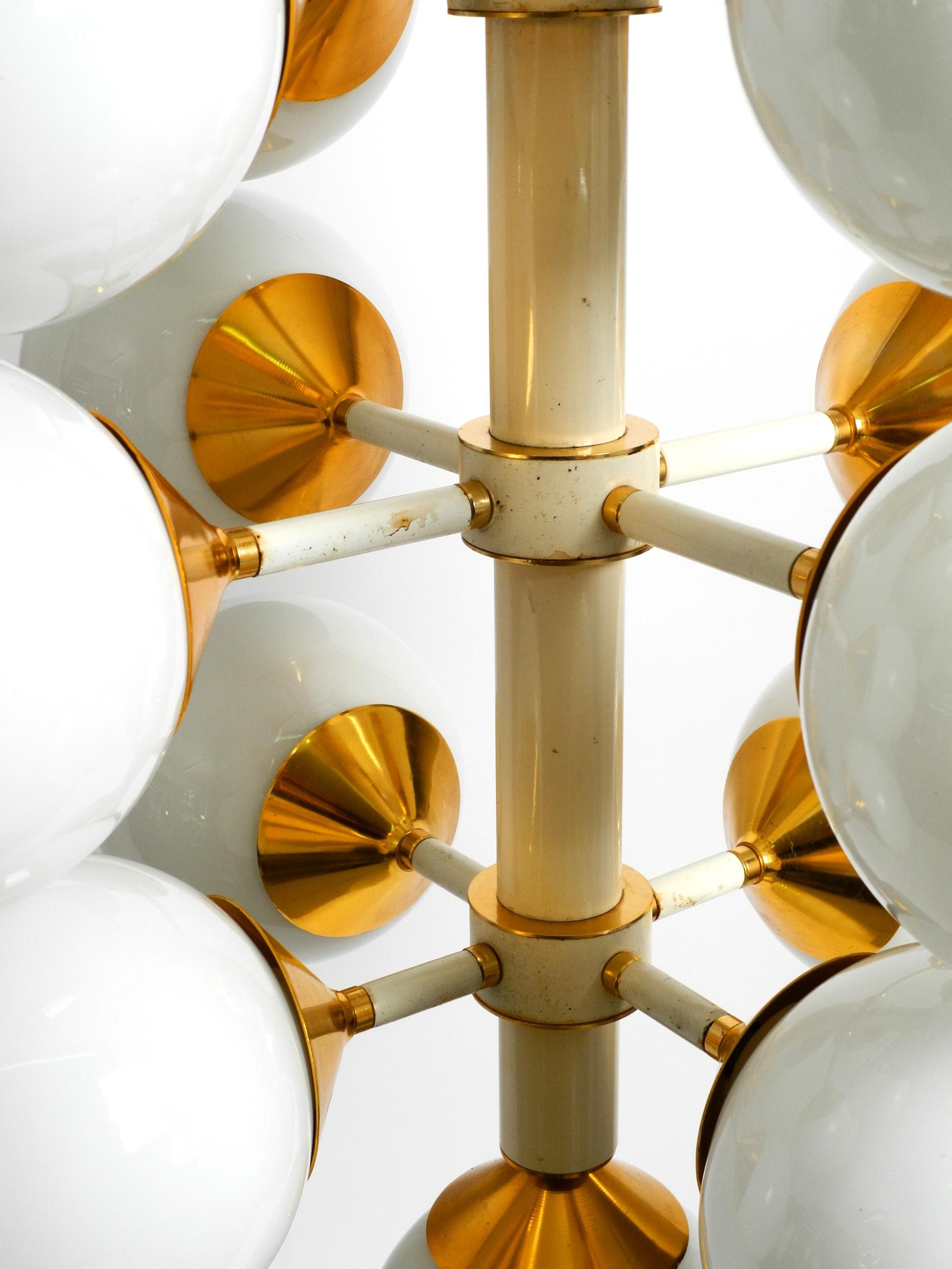 Rare Large 1960's Space Age Brass Ceiling Lamp with 13 White Glass Spheres For Sale 1