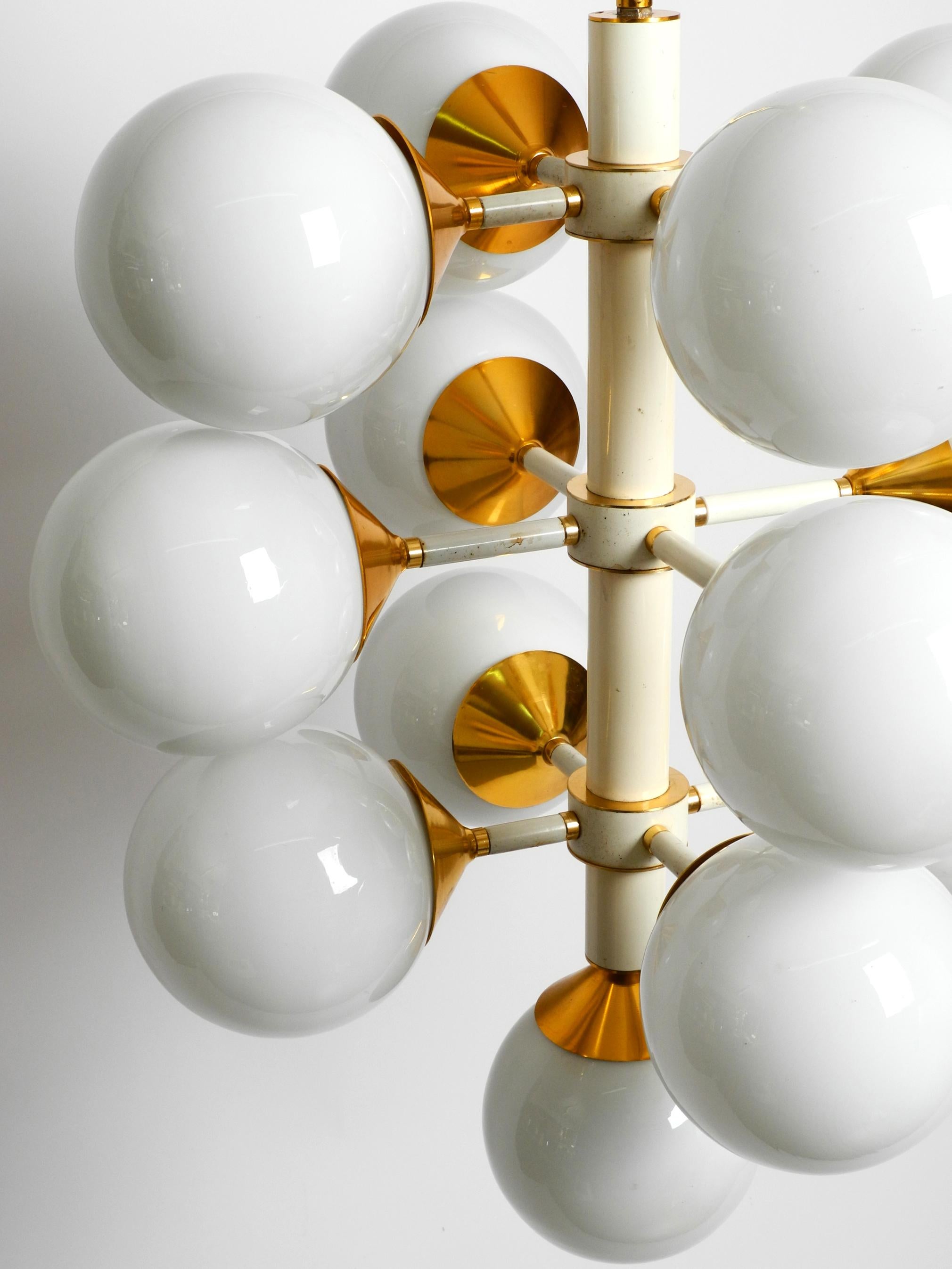 Rare Large 1960's Space Age Brass Ceiling Lamp with 13 White Glass Spheres For Sale 3