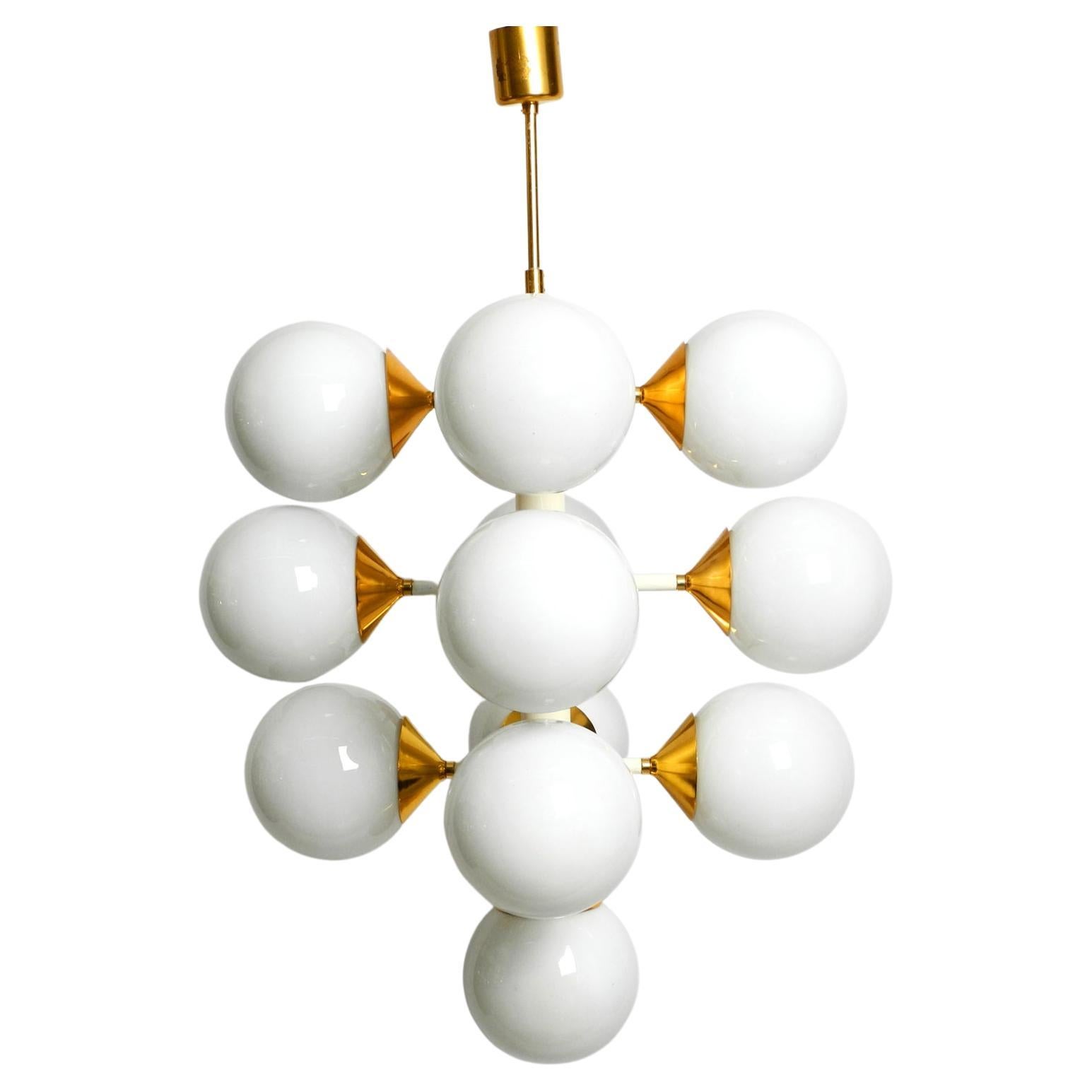 Rare Large 1960's Space Age Brass Ceiling Lamp with 13 White Glass Spheres For Sale