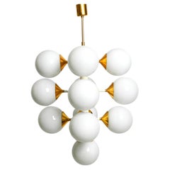 Retro Rare Large 1960's Space Age Brass Ceiling Lamp with 13 White Glass Spheres