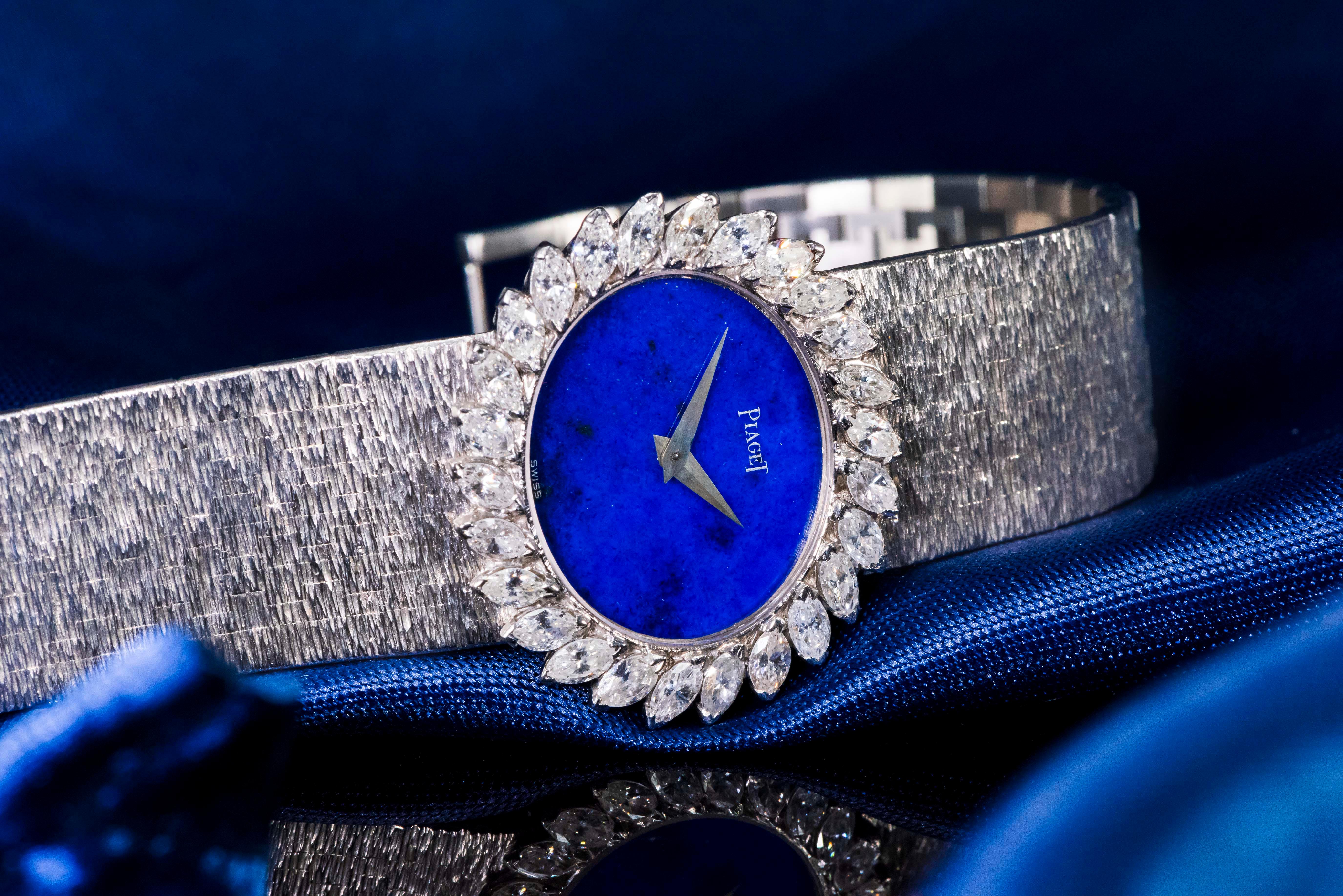 1970s Piaget Lapis 18 Karat White Gold Marquis Diamond Set Bracelet Watch In Excellent Condition In New york, NY