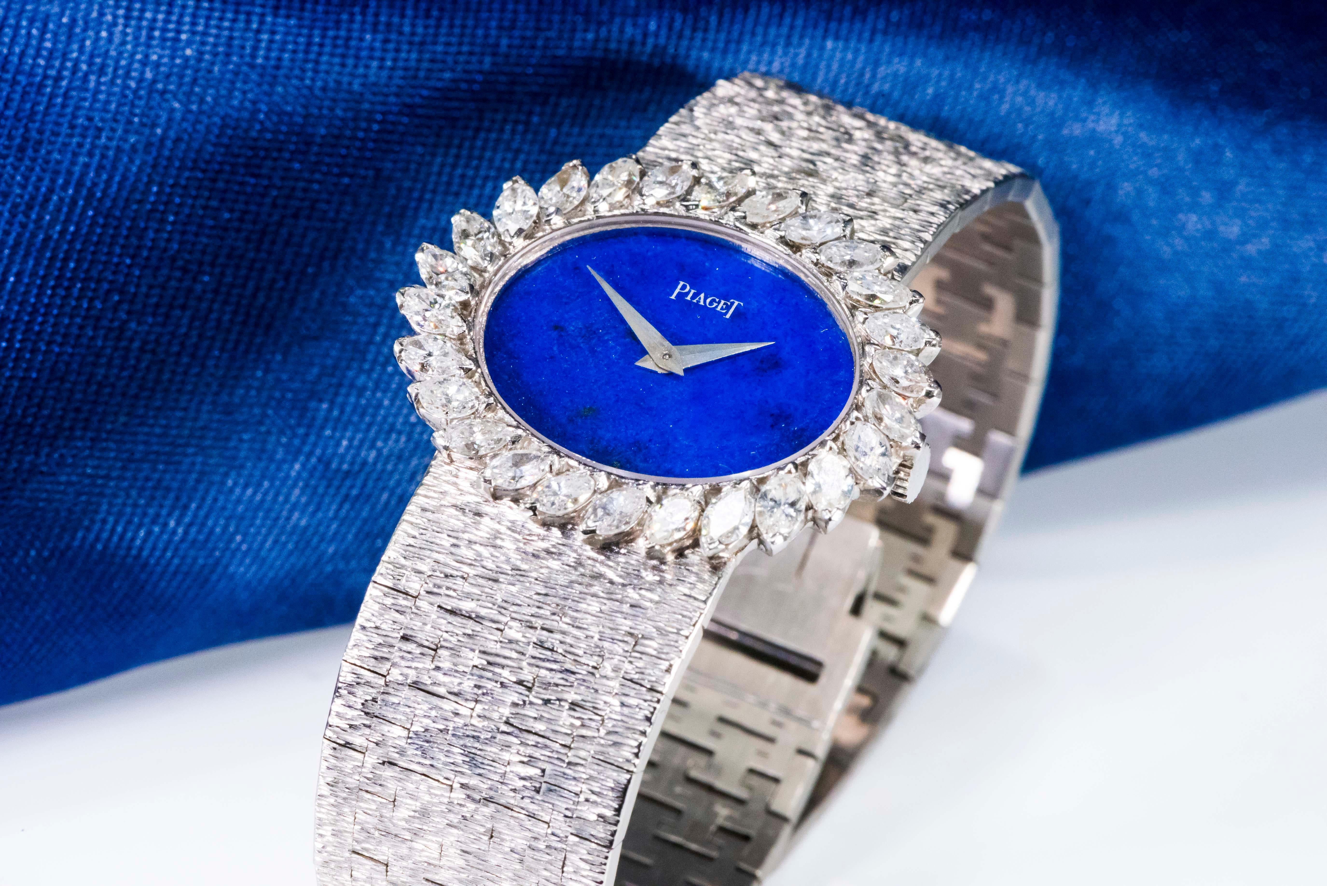 Women's or Men's 1970s Piaget Lapis 18 Karat White Gold Marquis Diamond Set Bracelet Watch