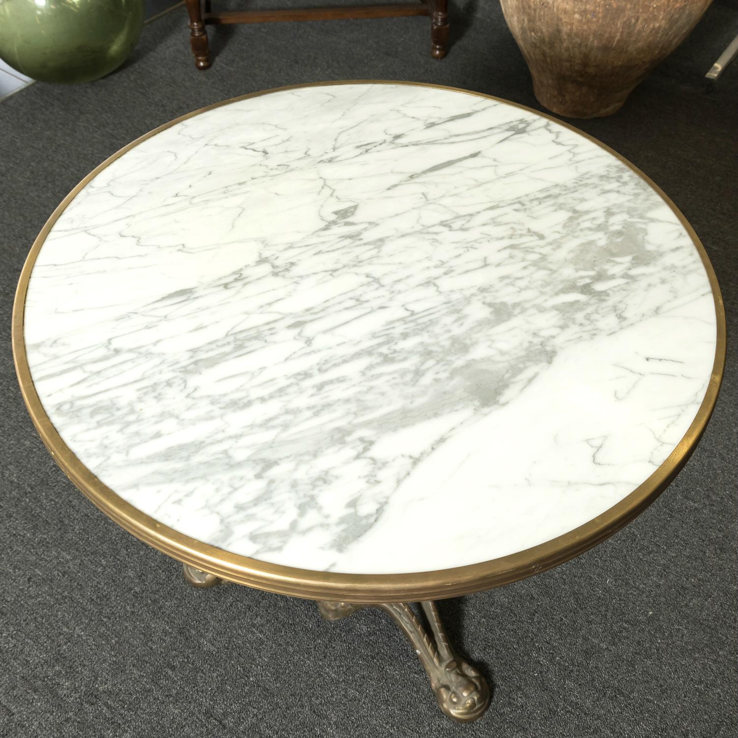 Brass Rare Large 19th Century Antique French Bronze Bistro Table with White Marble Top