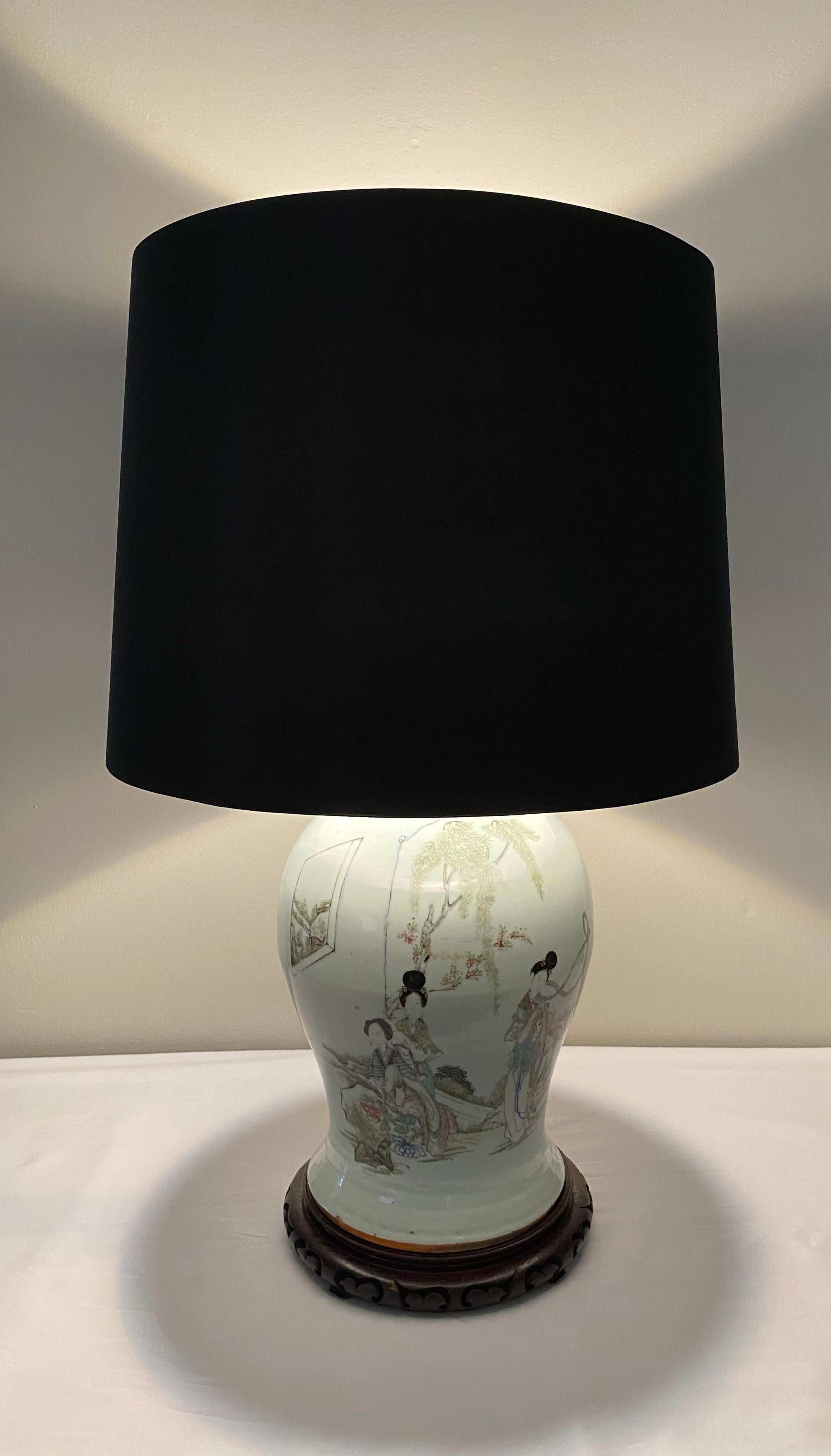 A rare, large antique Chinese famille rose porcelain baluster vase lamp. 
Measures: 30