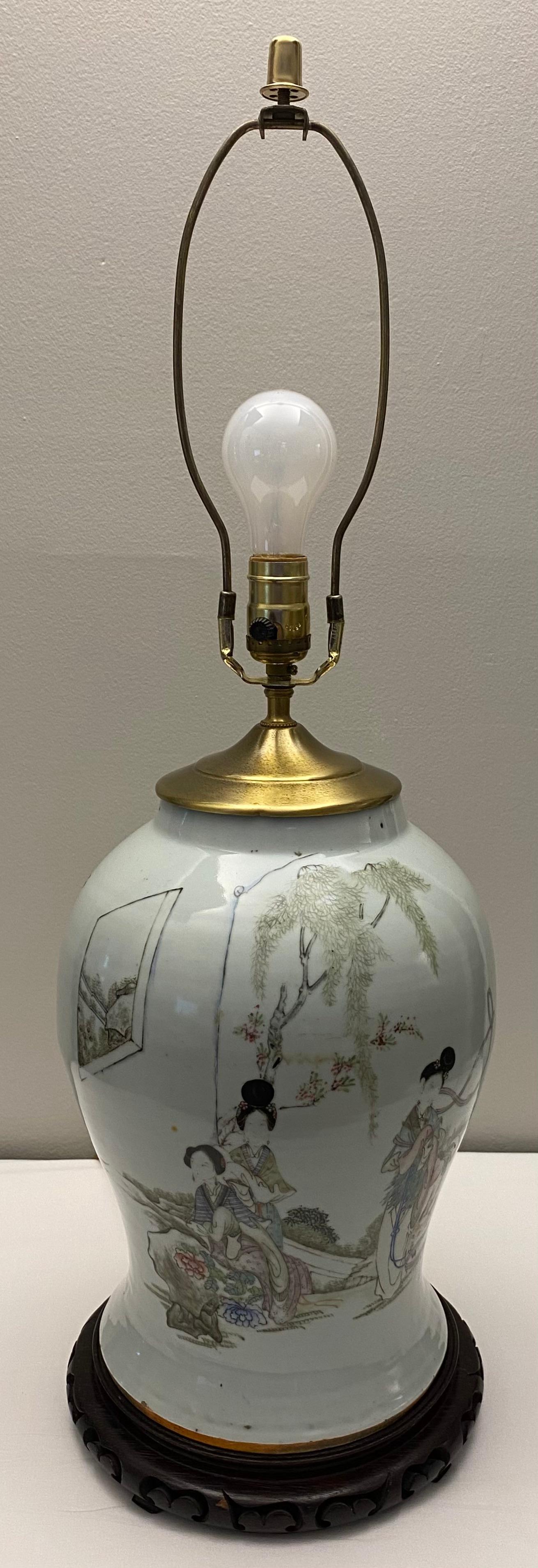 Hand-Painted Rare Large 19th Century Chinese Porcelain Pale Blue Bulbous Vase Lamp For Sale