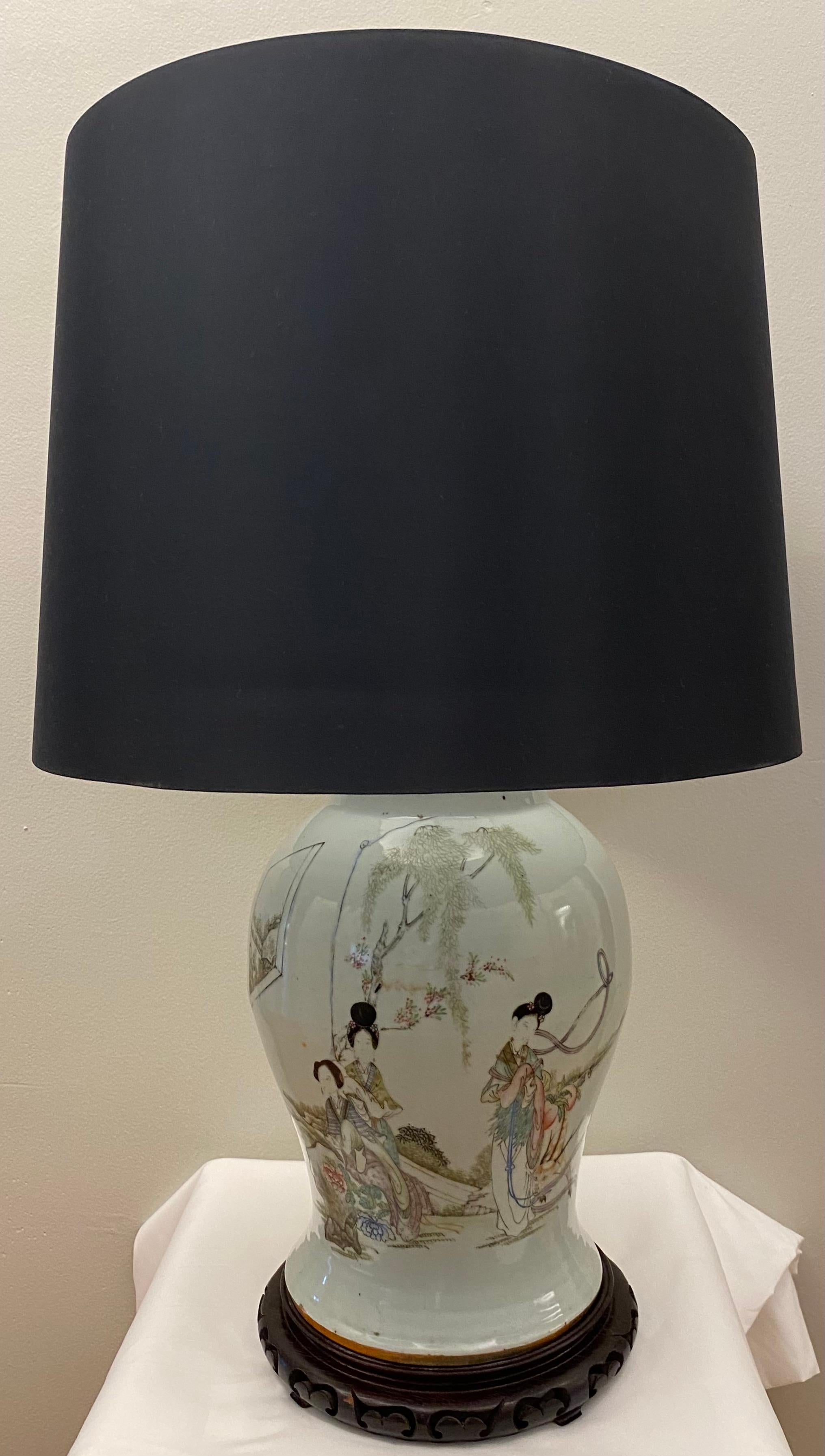 Rare Large 19th Century Chinese Porcelain Pale Blue Bulbous Vase Lamp In Good Condition For Sale In Miami, FL