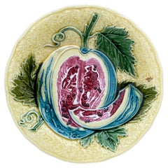 Grand plateau à melon en majolique du 19ème siècle, rare 