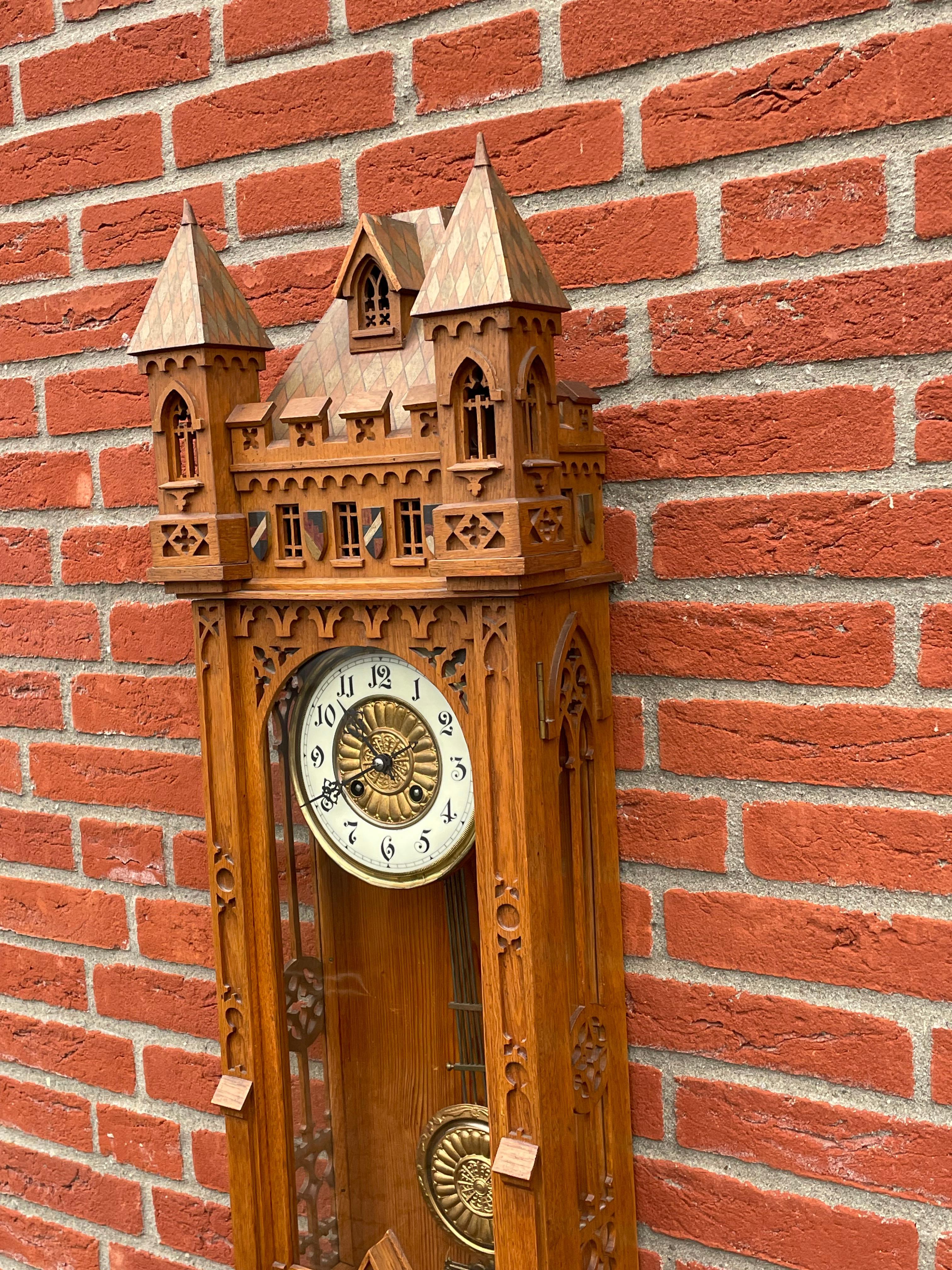 Rare & Large All Handcrafted Antique Gothic Revival Solid Oak Wall Clock ca 1900 2
