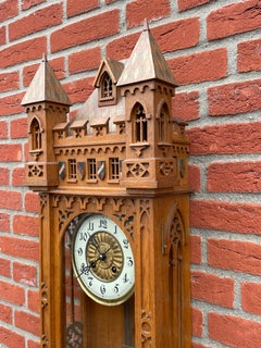 Rare & Large All Handcrafted Antique Gothic Revival Solid Oak Wall Clock ca 1900