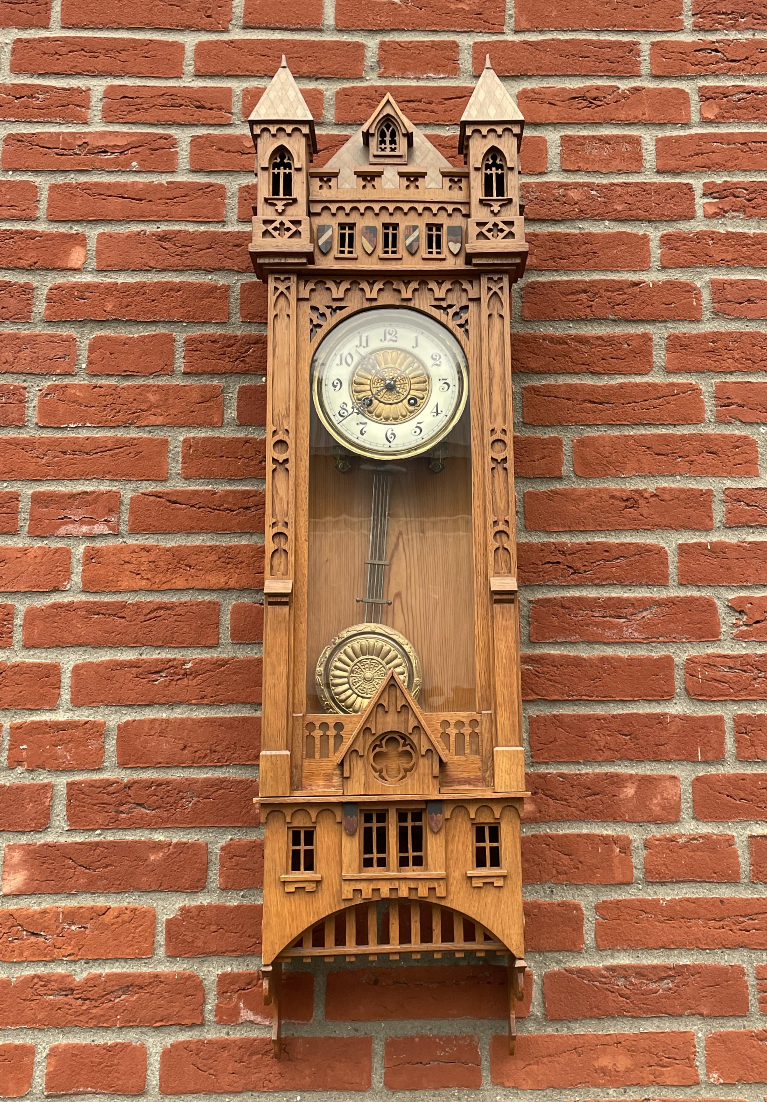 Rare & Large All Handcrafted Antique Gothic Revival Solid Oak Wall Clock ca 1900 11