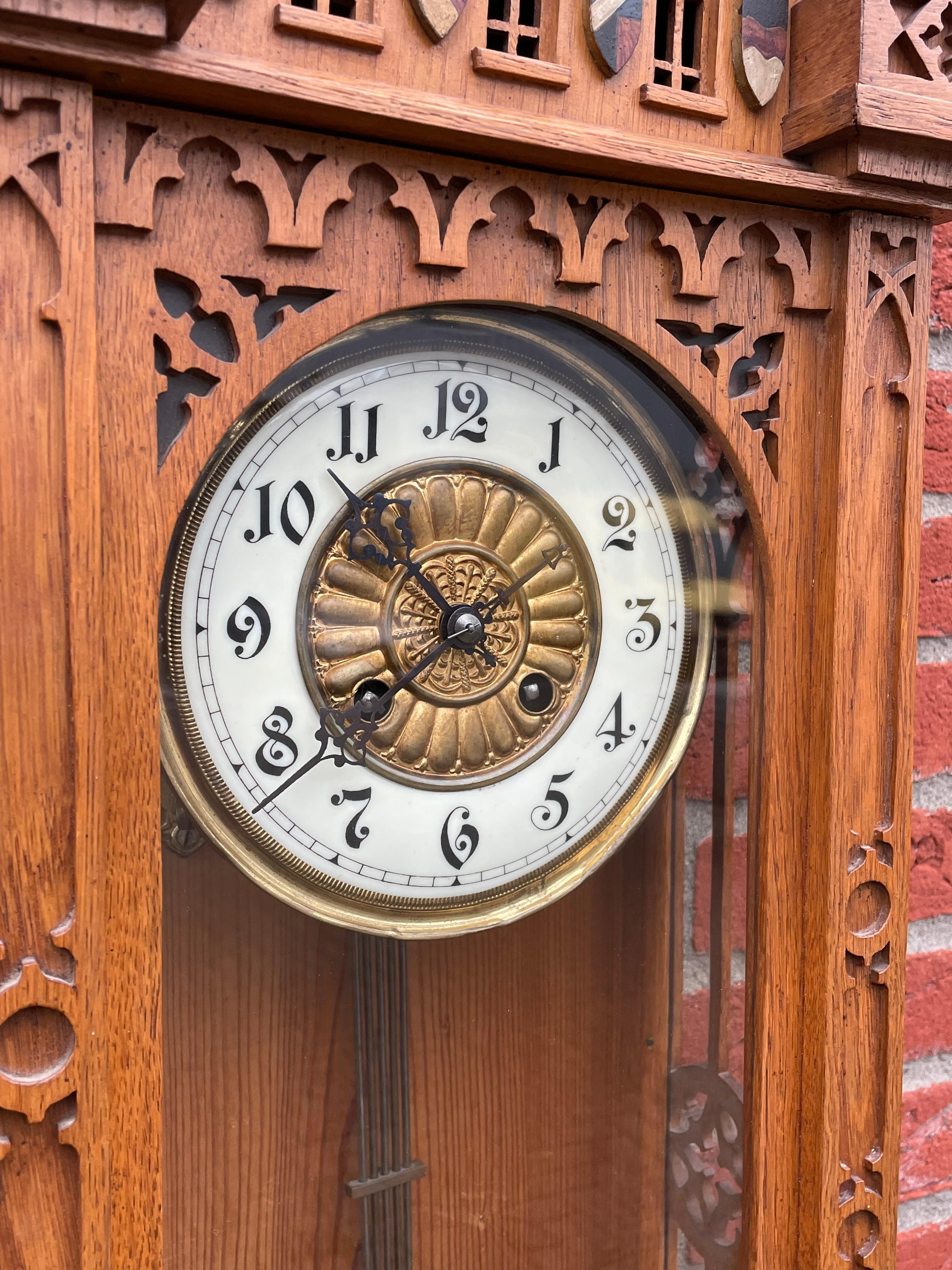 Blackened Rare & Large All Handcrafted Antique Gothic Revival Solid Oak Wall Clock ca 1900