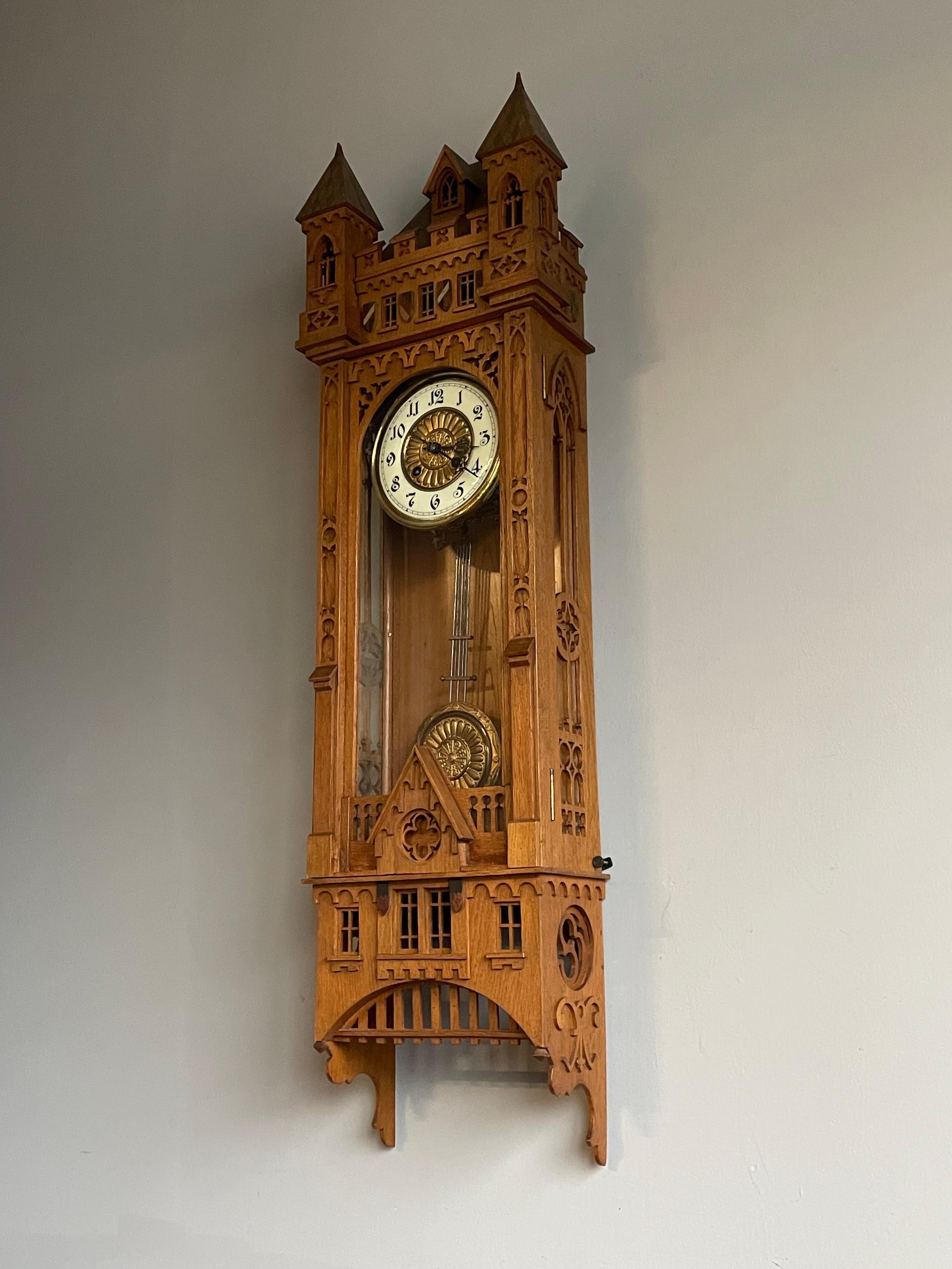 Rare & Large All Handcrafted Antique Gothic Revival Solid Oak Wall Clock ca 1900 In Good Condition In Lisse, NL