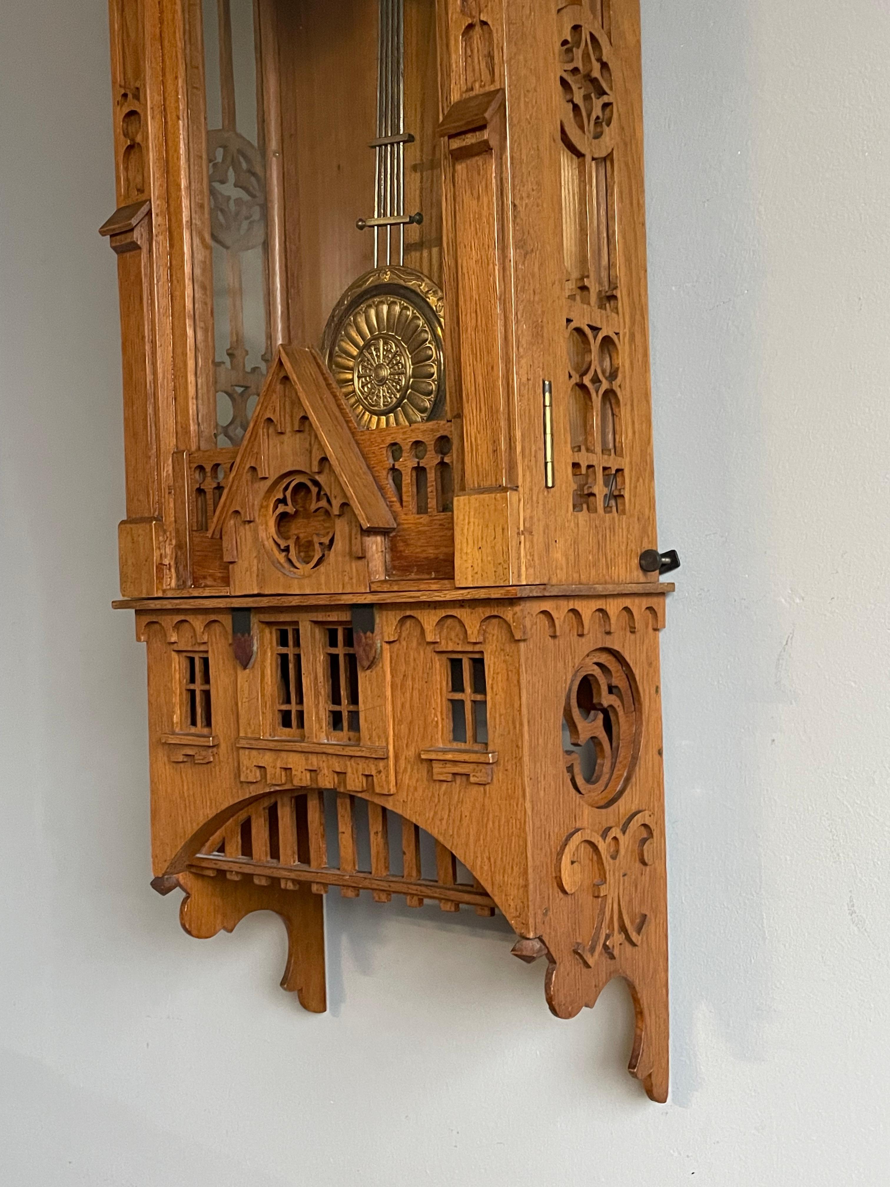 20th Century Rare & Large All Handcrafted Antique Gothic Revival Solid Oak Wall Clock ca 1900
