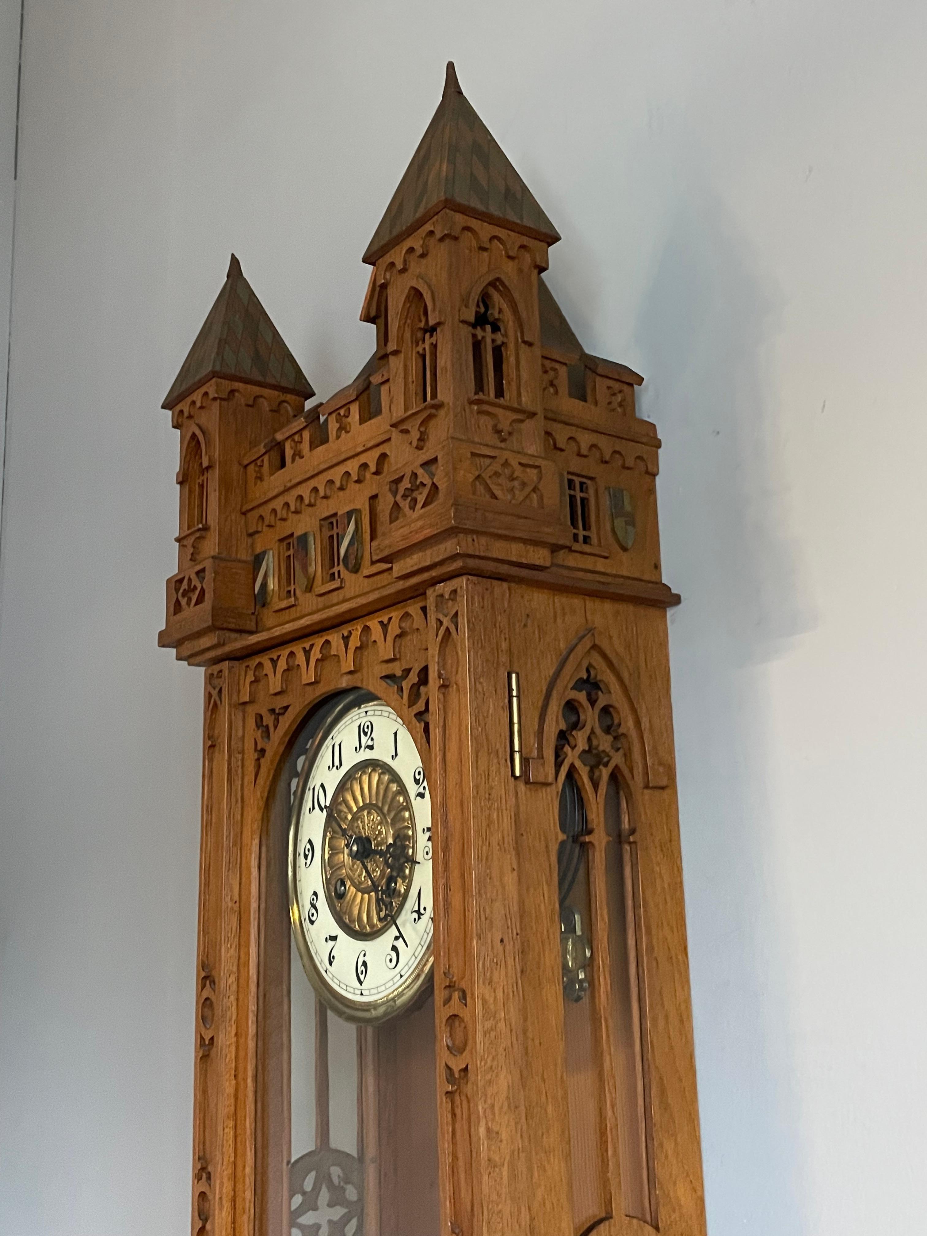 Brass Rare & Large All Handcrafted Antique Gothic Revival Solid Oak Wall Clock ca 1900