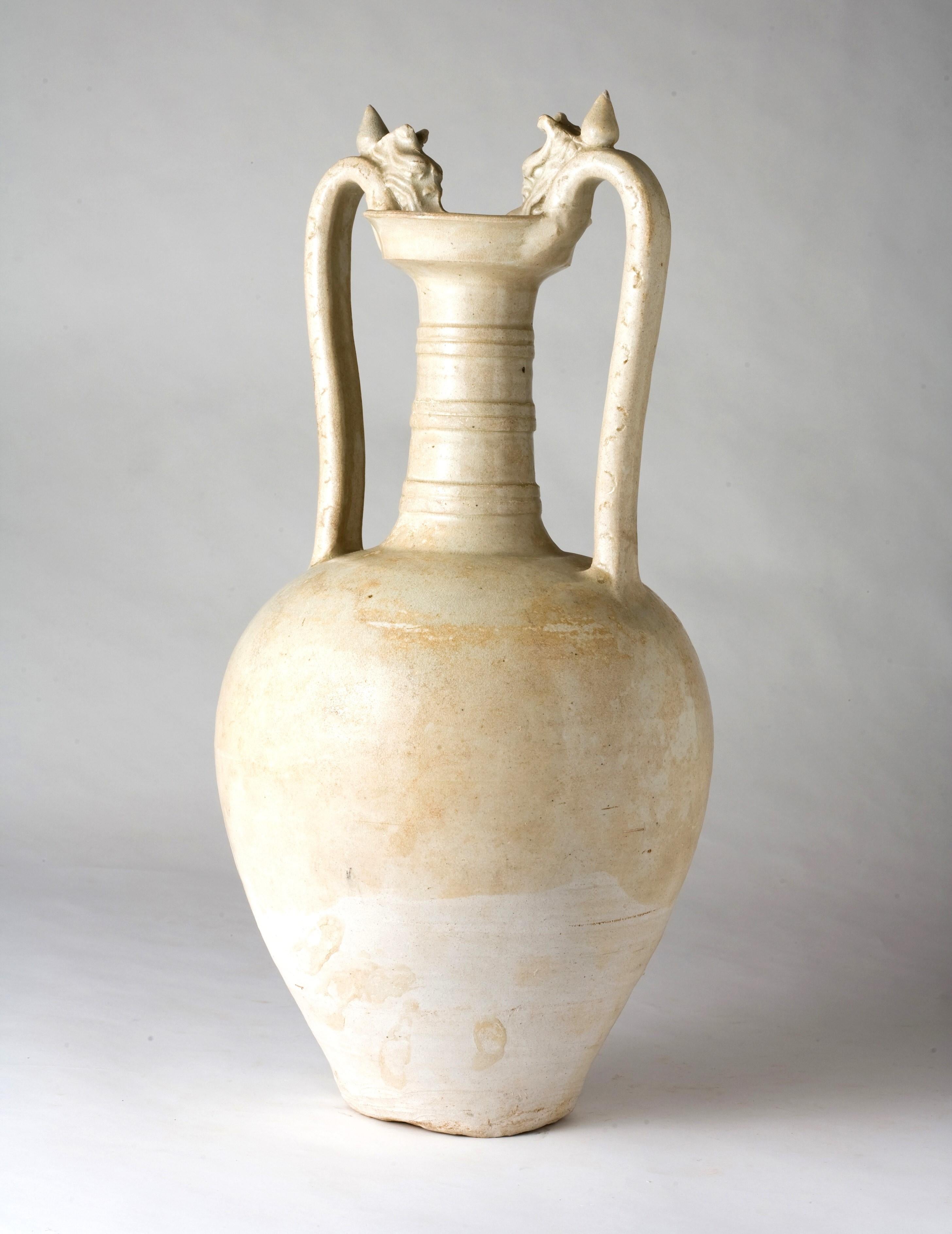 The long and complicated history of the shape illustrates the wide-ranging influences found in Chinese art in the seventh and eighth centuries. The ovoid shape suggests the “amphora” of Greece and Rome, while the animal-shaped handles allude to