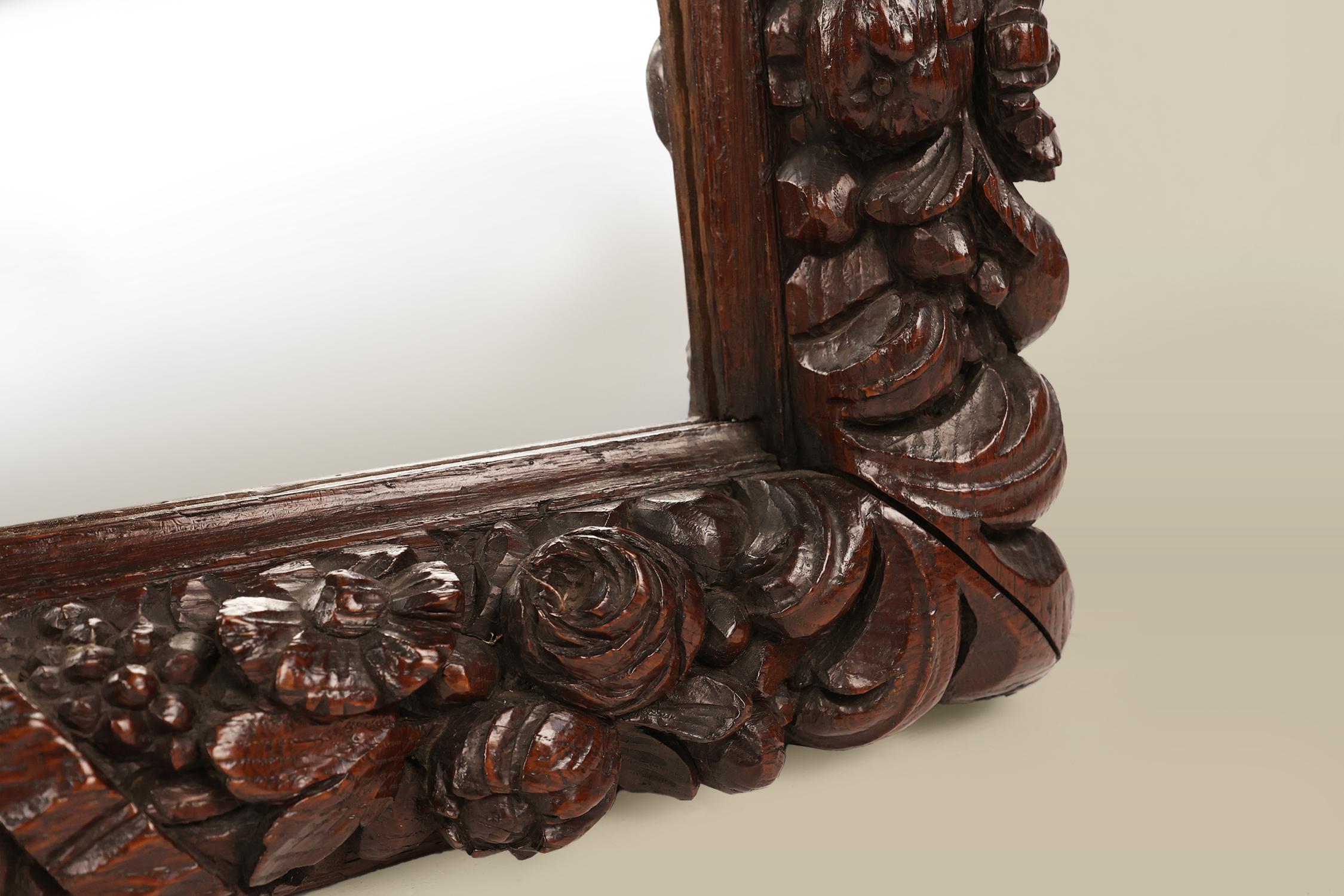 Rare large Antique Baroque or Rococo style hand carved oak mirror, France ca. 18 For Sale 4