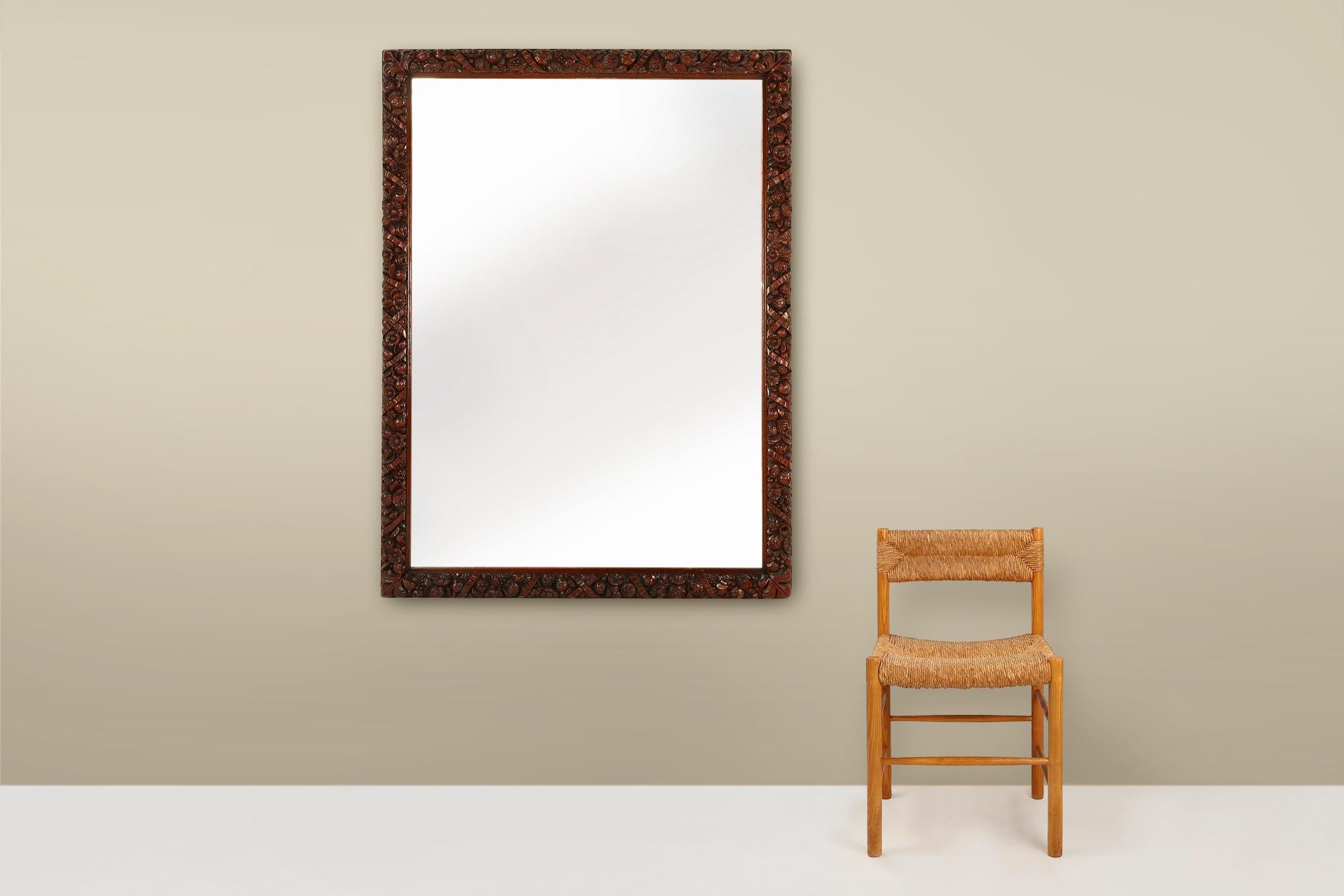 French Rare large Antique Baroque or Rococo style hand carved oak mirror, France ca. 18 For Sale