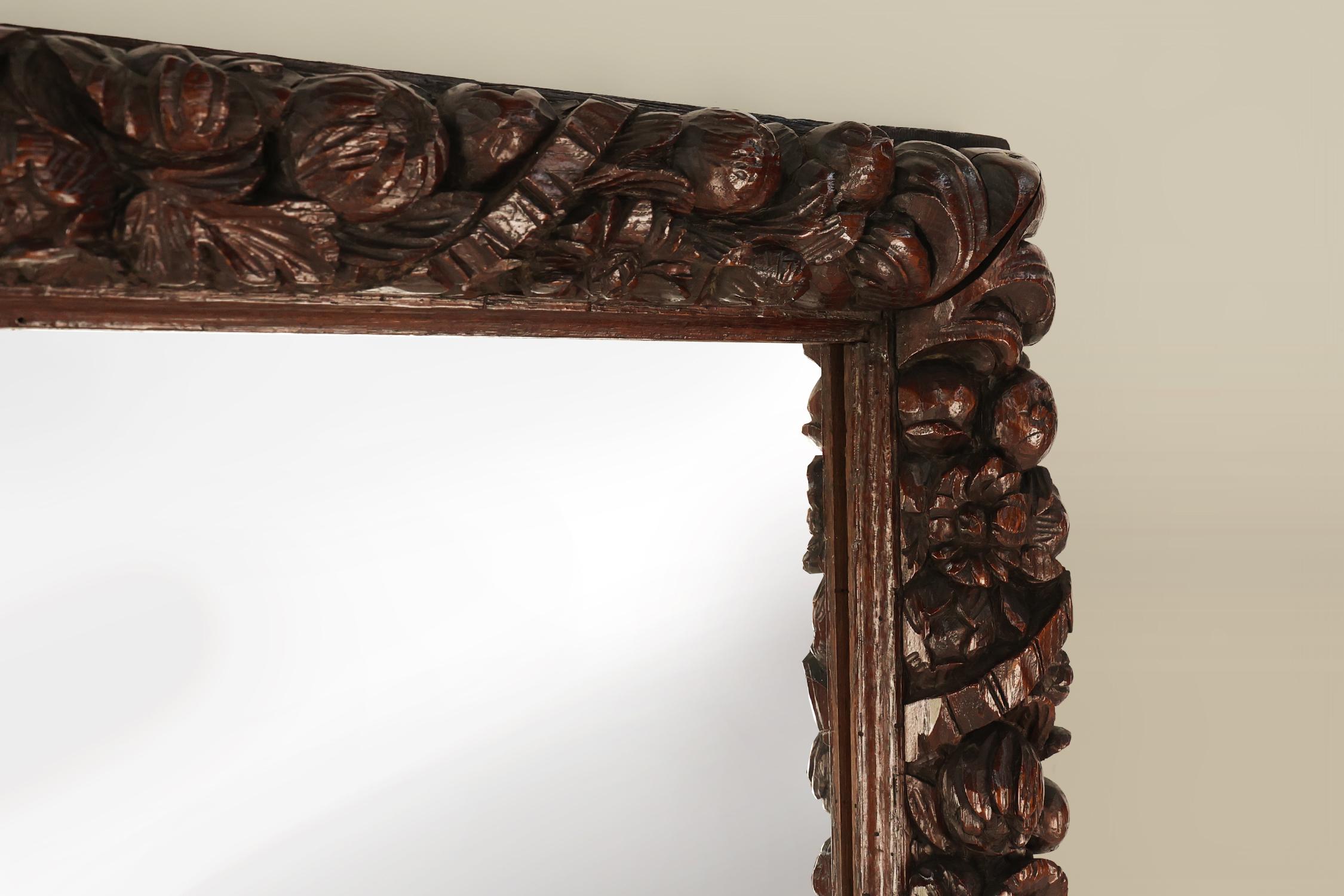 Mirror Rare large Antique Baroque or Rococo style hand carved oak mirror, France ca. 18 For Sale