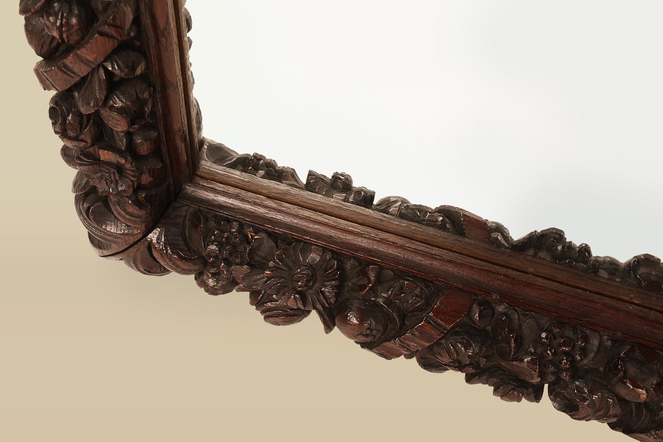 Rare large Antique Baroque or Rococo style hand carved oak mirror, France ca. 18 For Sale 1