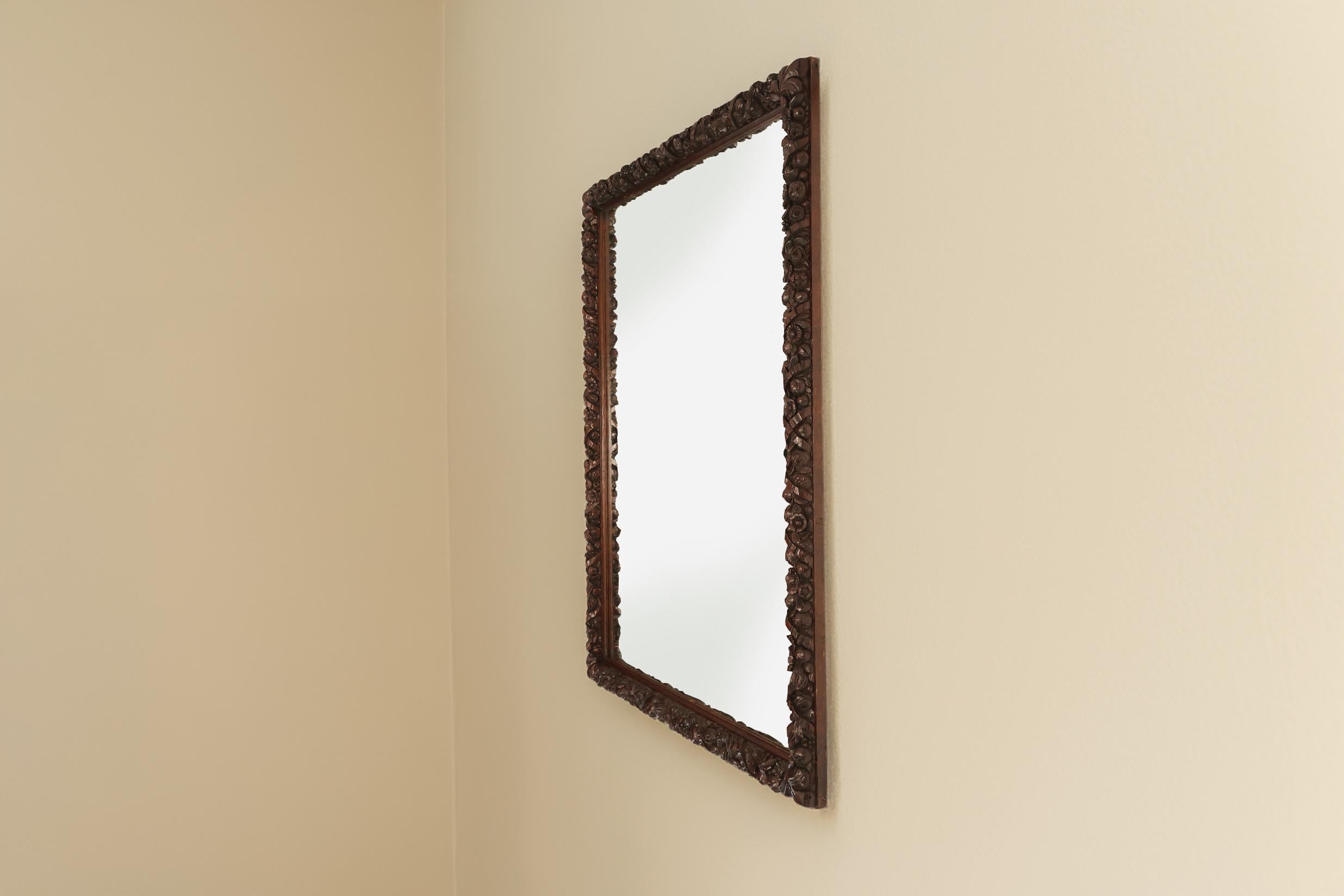 Rare large Antique Baroque or Rococo style hand carved oak mirror, France ca. 18 For Sale 2