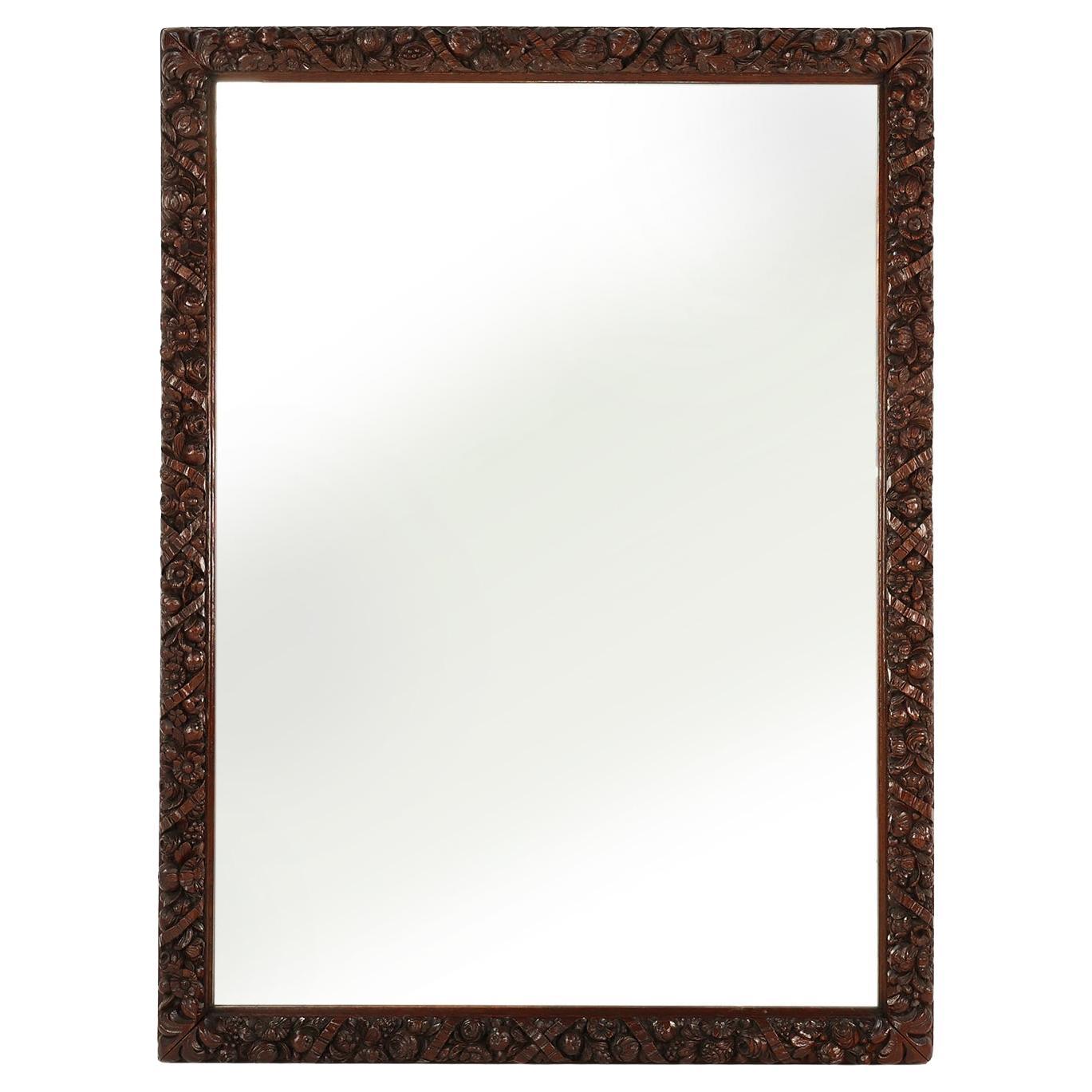 Rare large Antique Baroque or Rococo style hand carved oak mirror, France ca. 18 For Sale